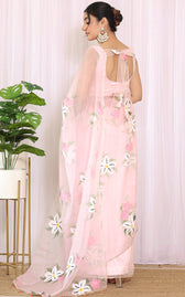 Petaline Glow (Handpainted Pure Organza Saree in Pink)