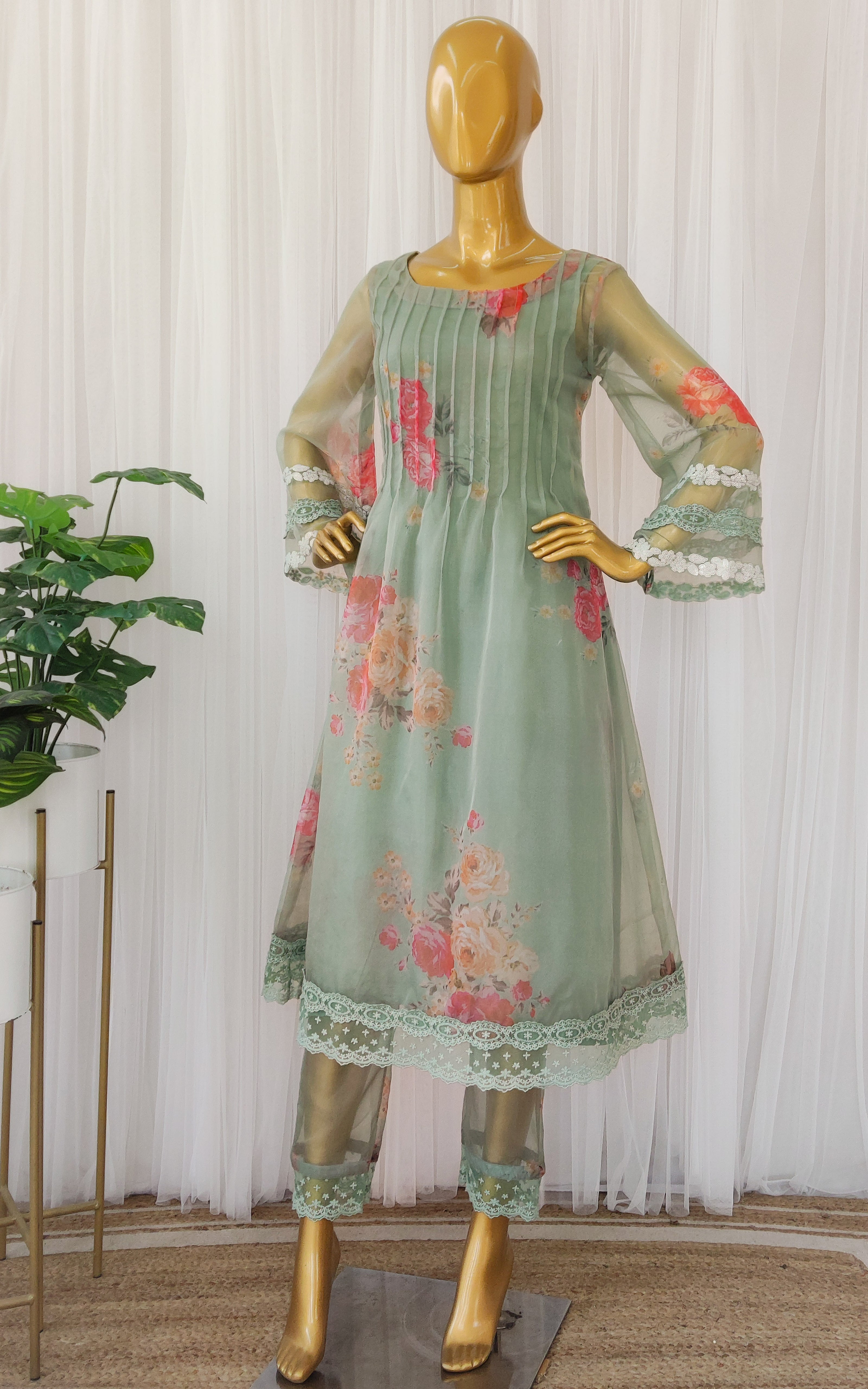 lime green Georgette Organza Handcrafted coord set main image 1