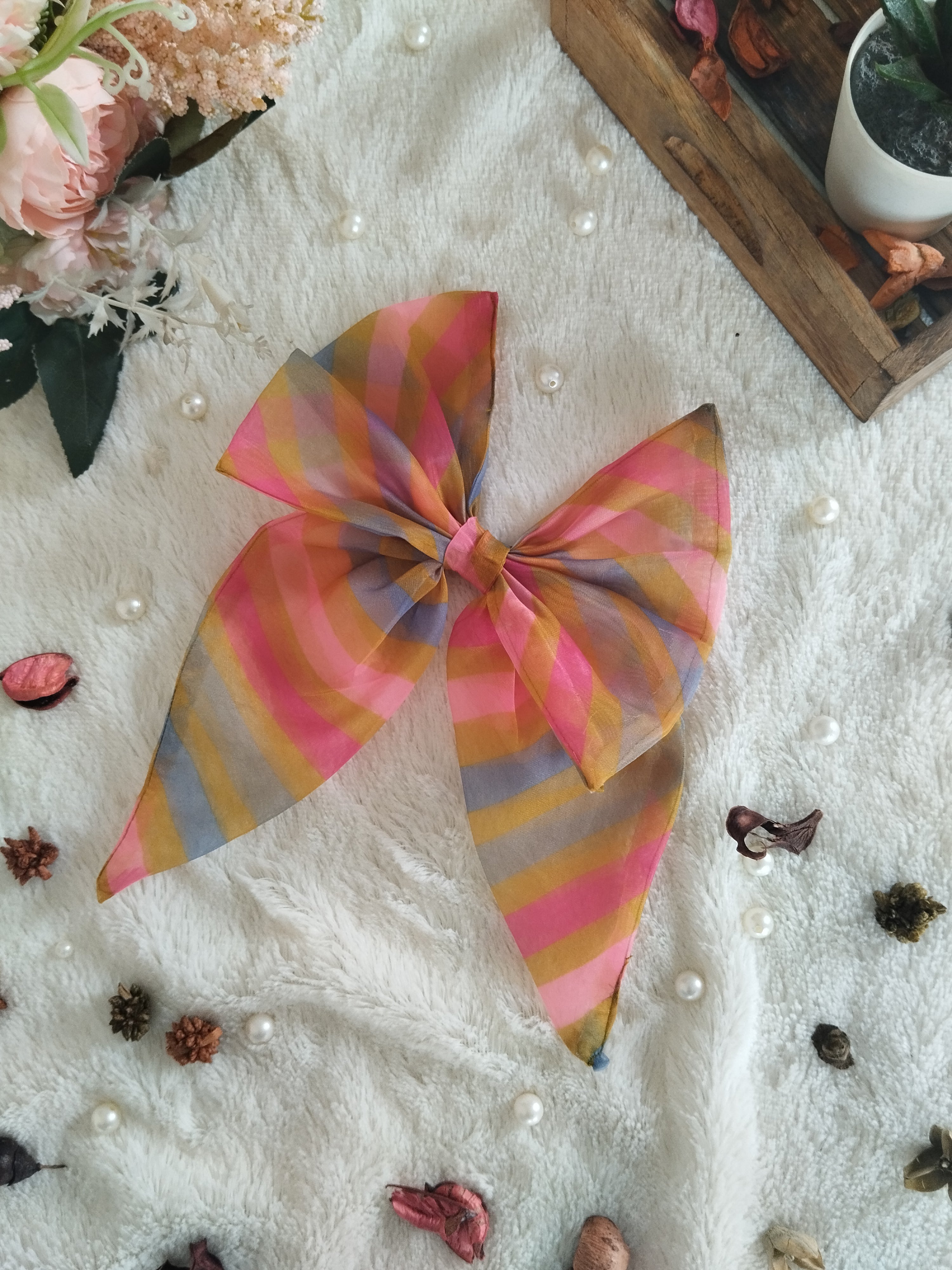 Pink Floral Mustard Frosted Stripes Short Bow