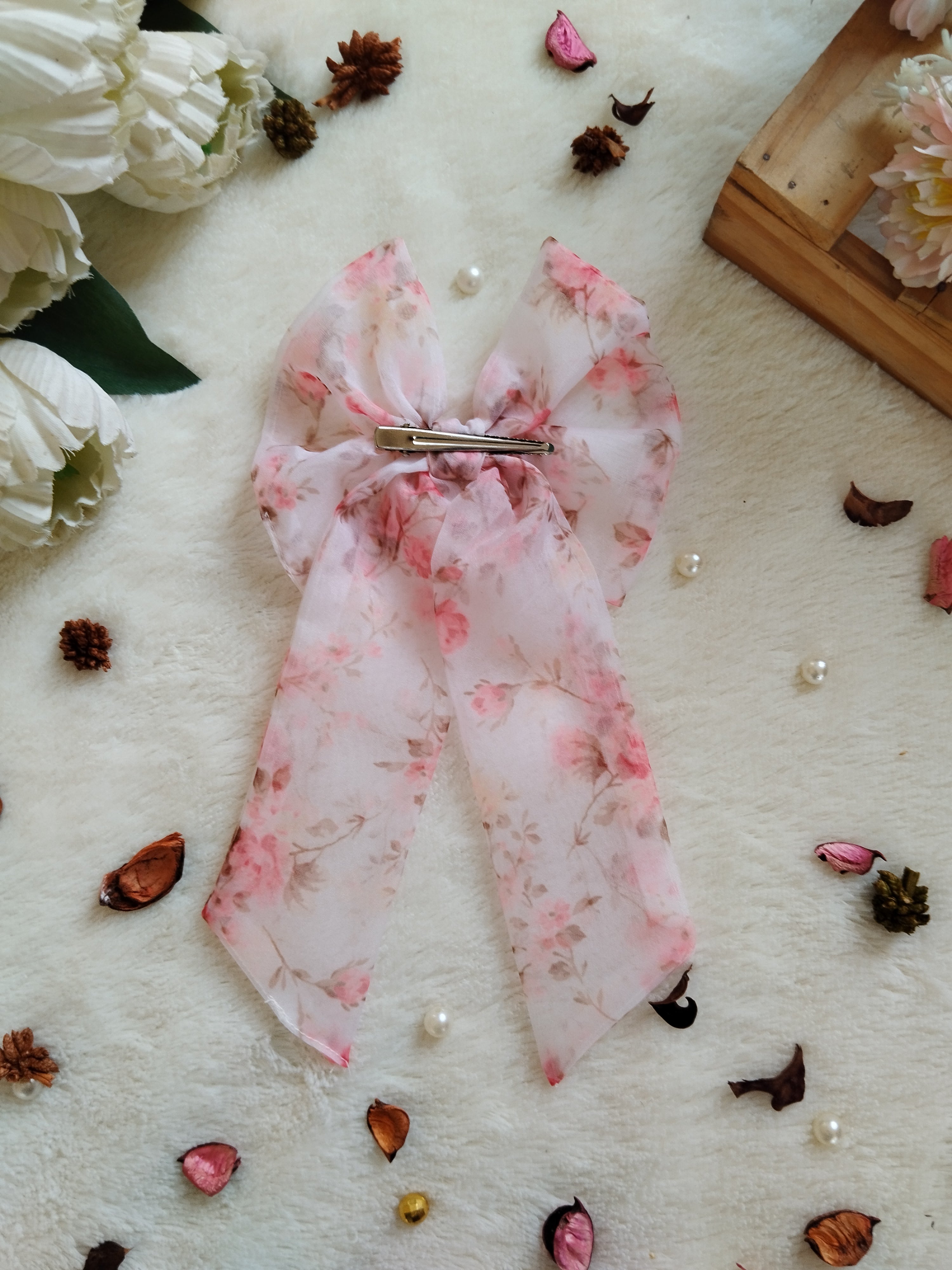 White Floral Organza Long Bow