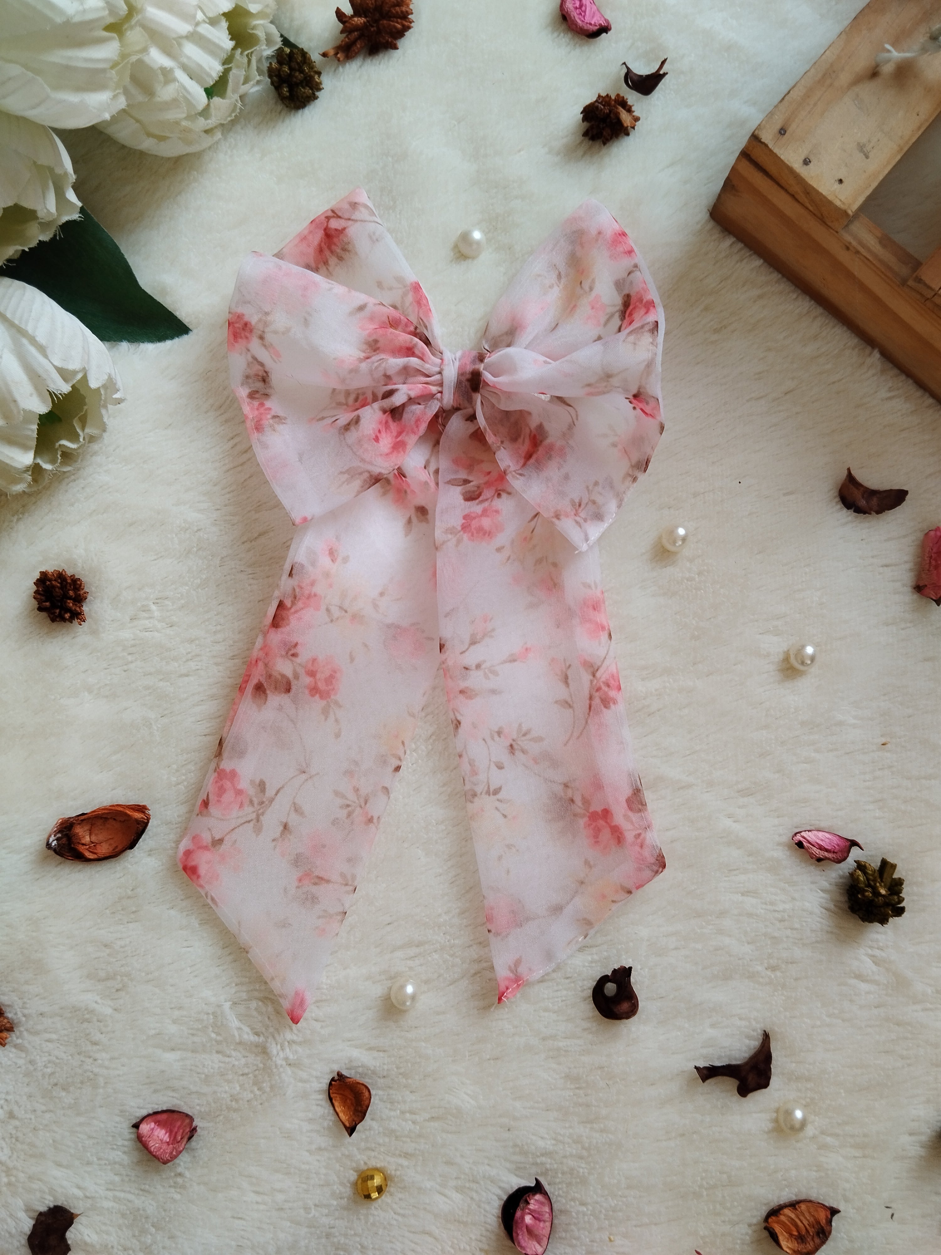 White Floral Organza Long Bow