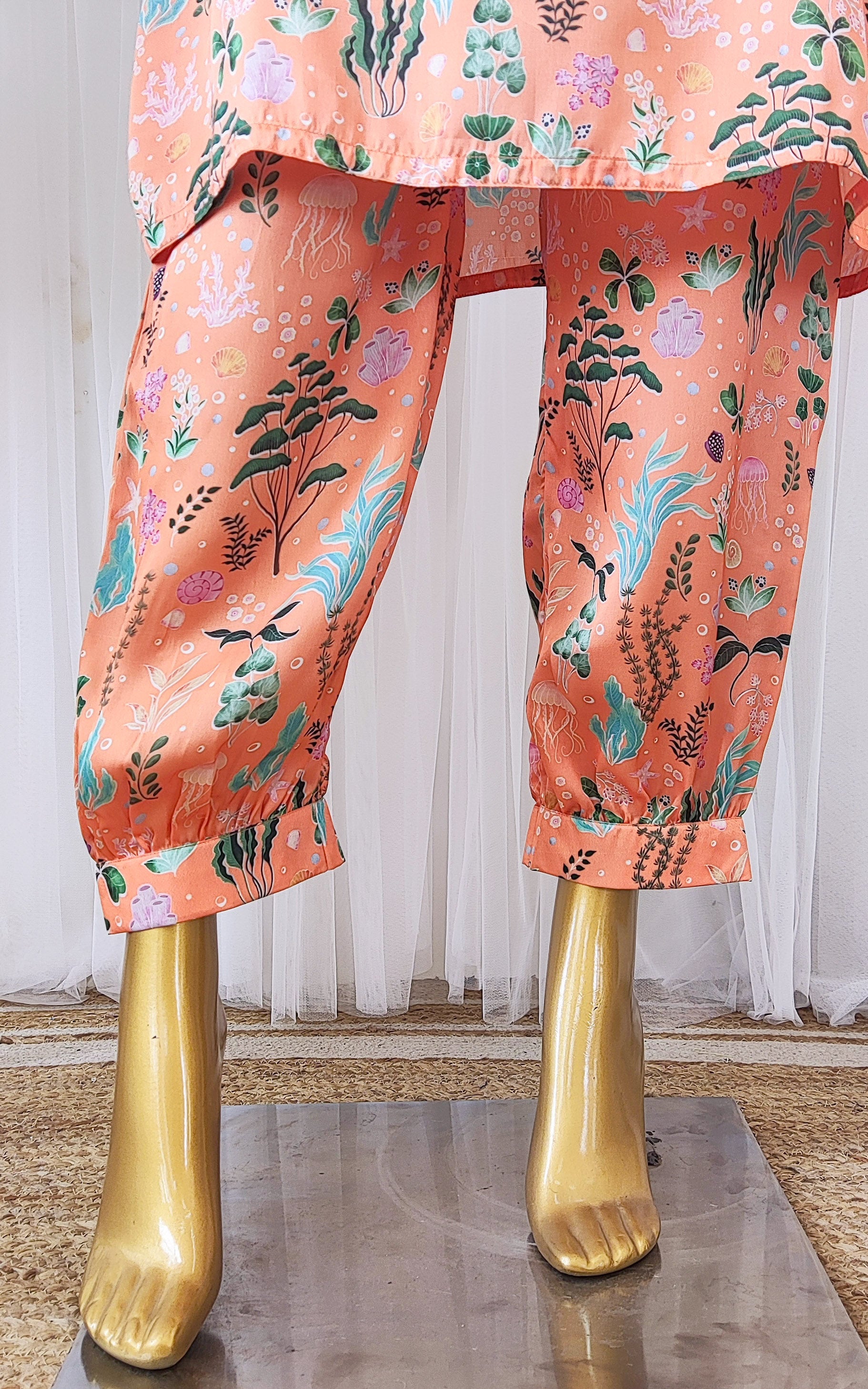 Orange Aquatic Print Kurta Pant Co-ord Set