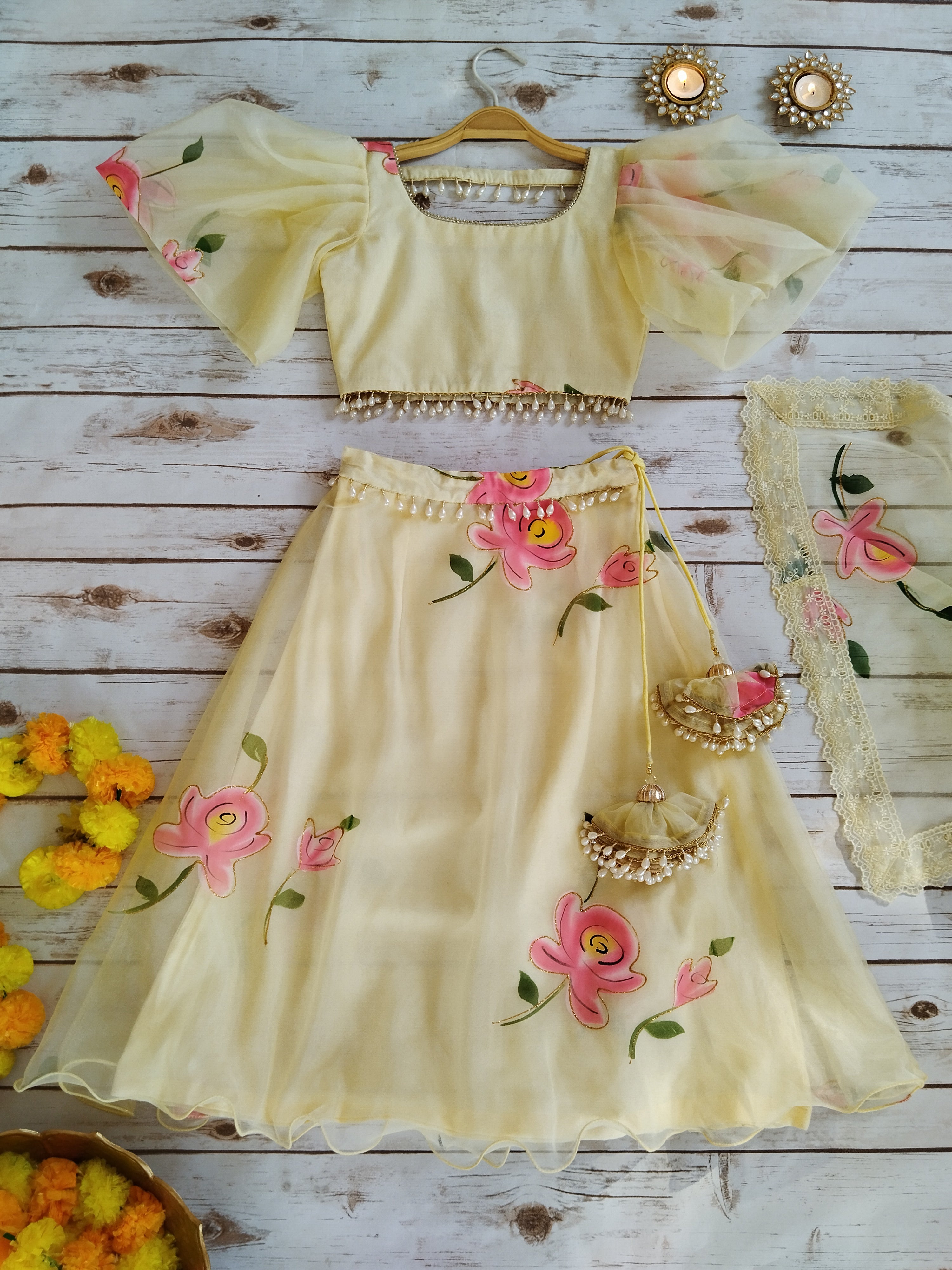 Yellow Handpainted Organza Kid's Lehenga