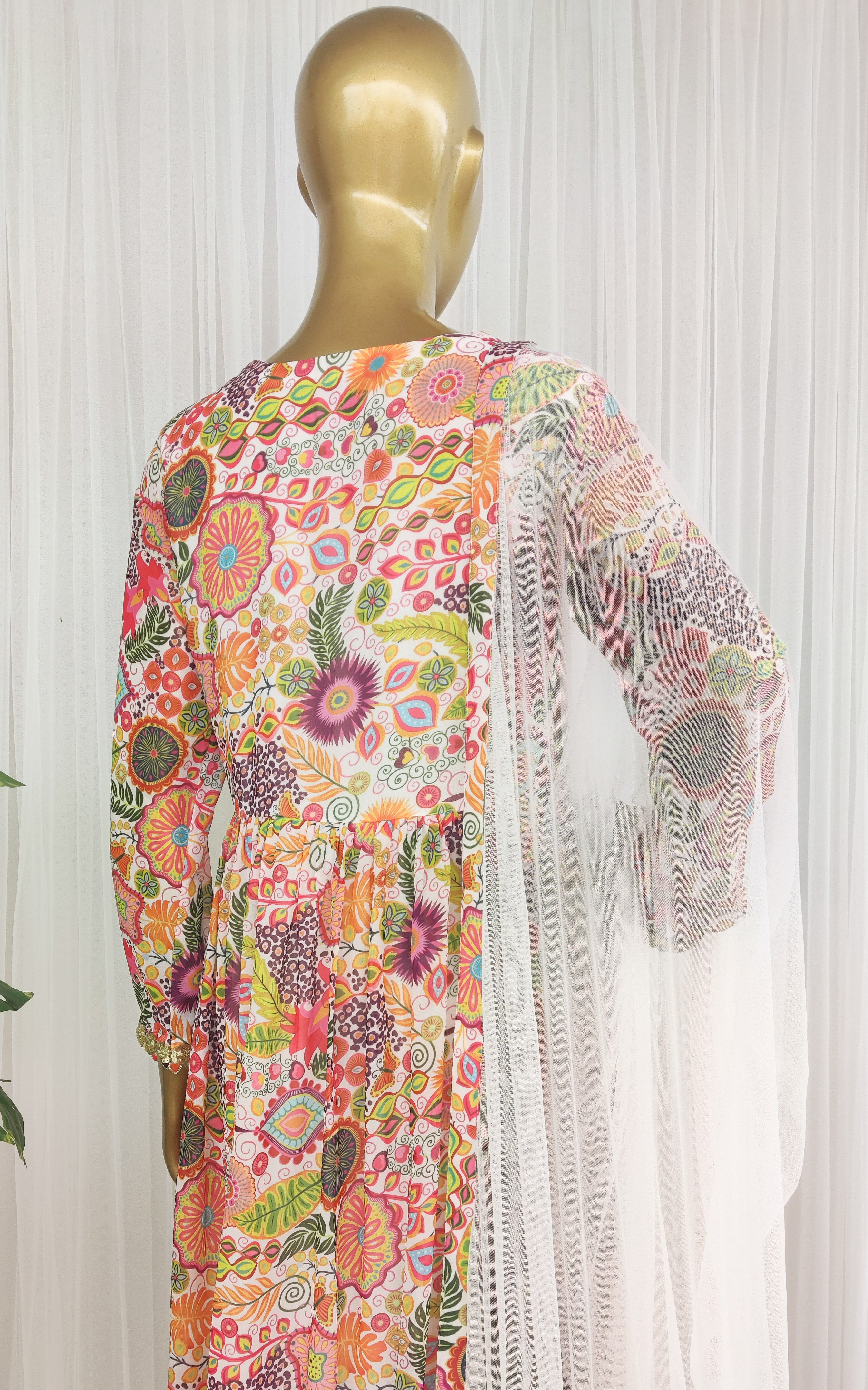 Off White Colorful Printed Anarkali