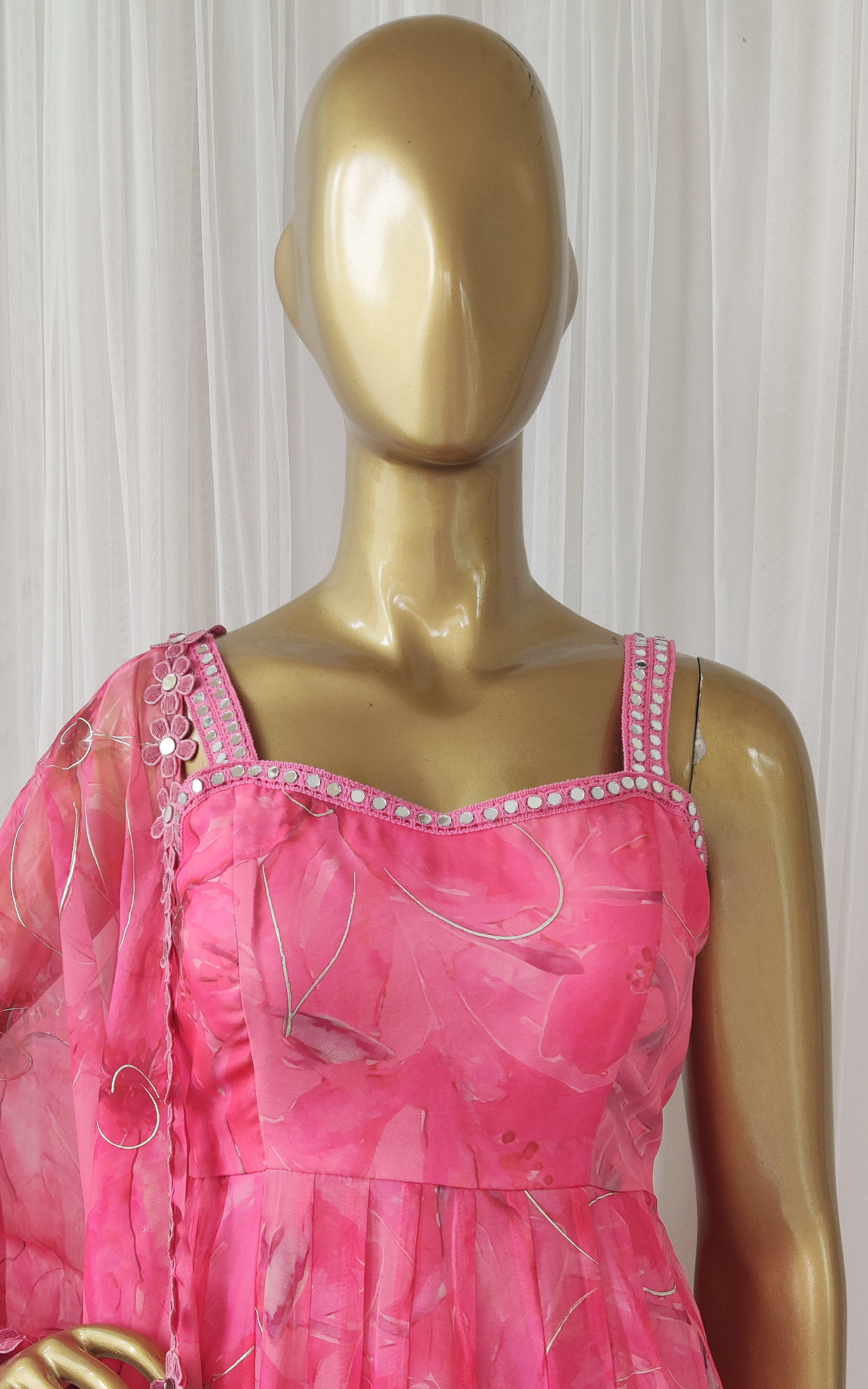 Pink Floral Handprinted Organza Mirrorwork Anarkali