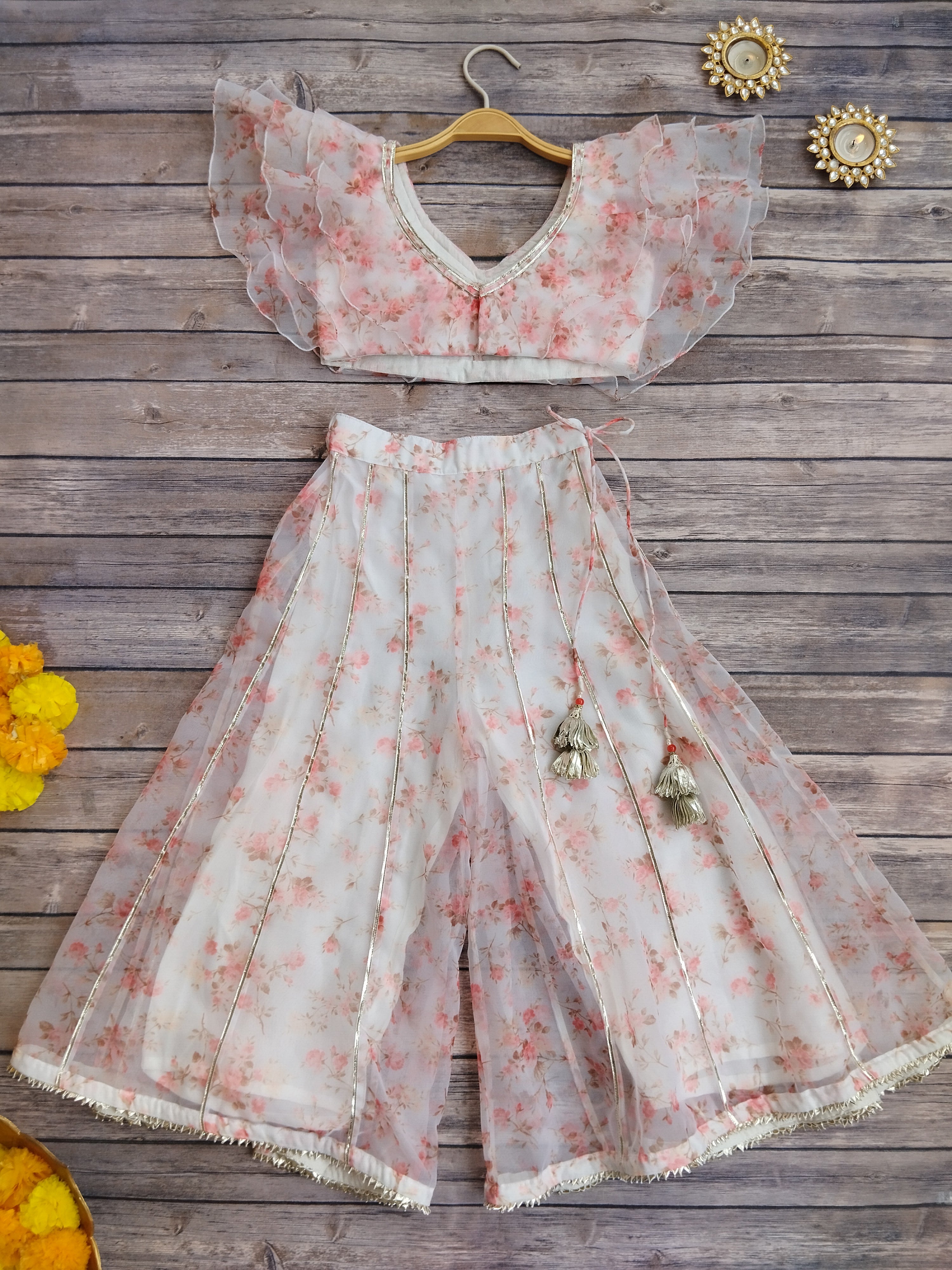 Kashvi White Floral  Ruffle Organza Kids Crop-Top & Sharara