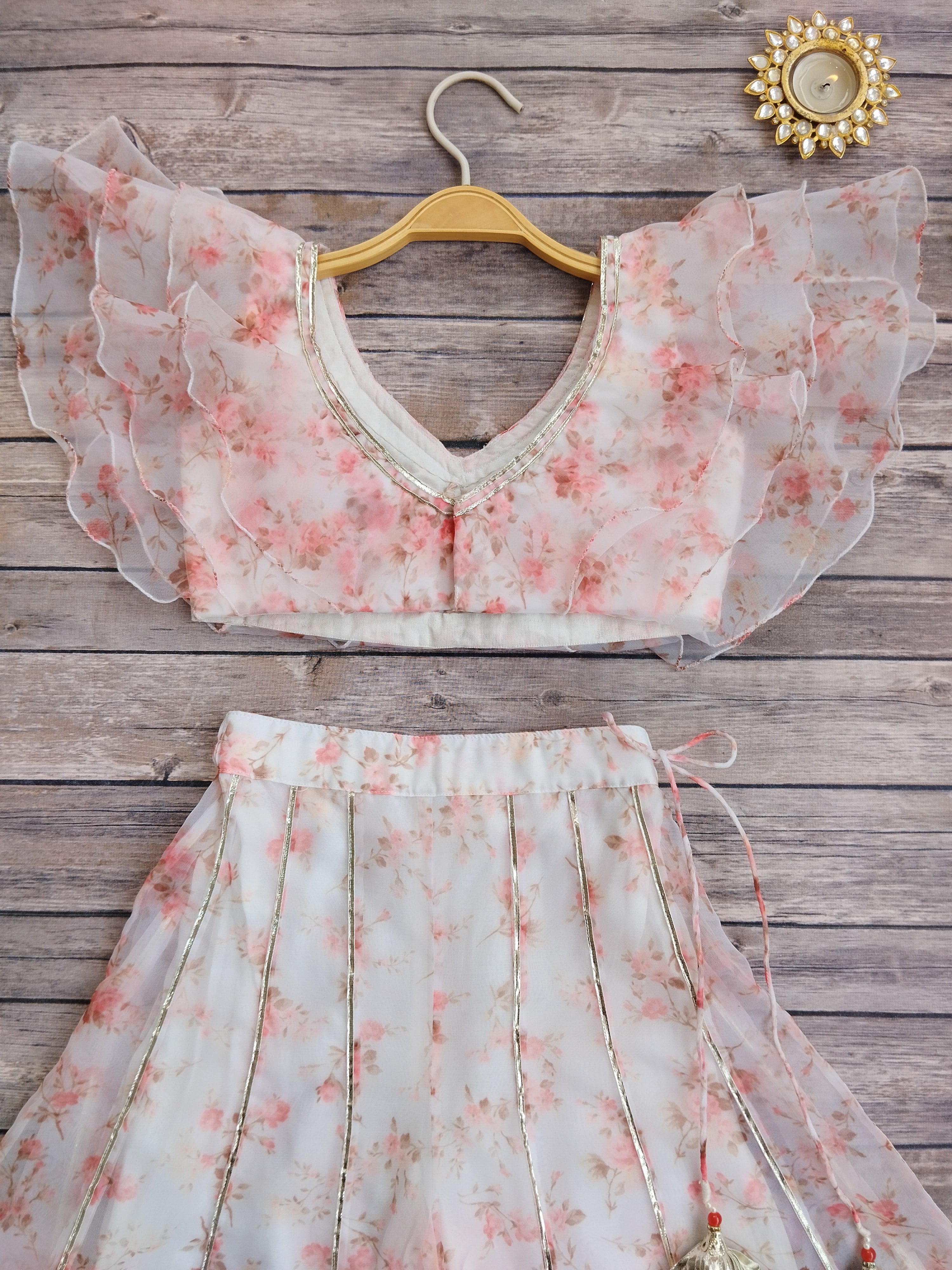 Kashvi White Floral  Ruffle Organza Kids Crop-Top & Sharara