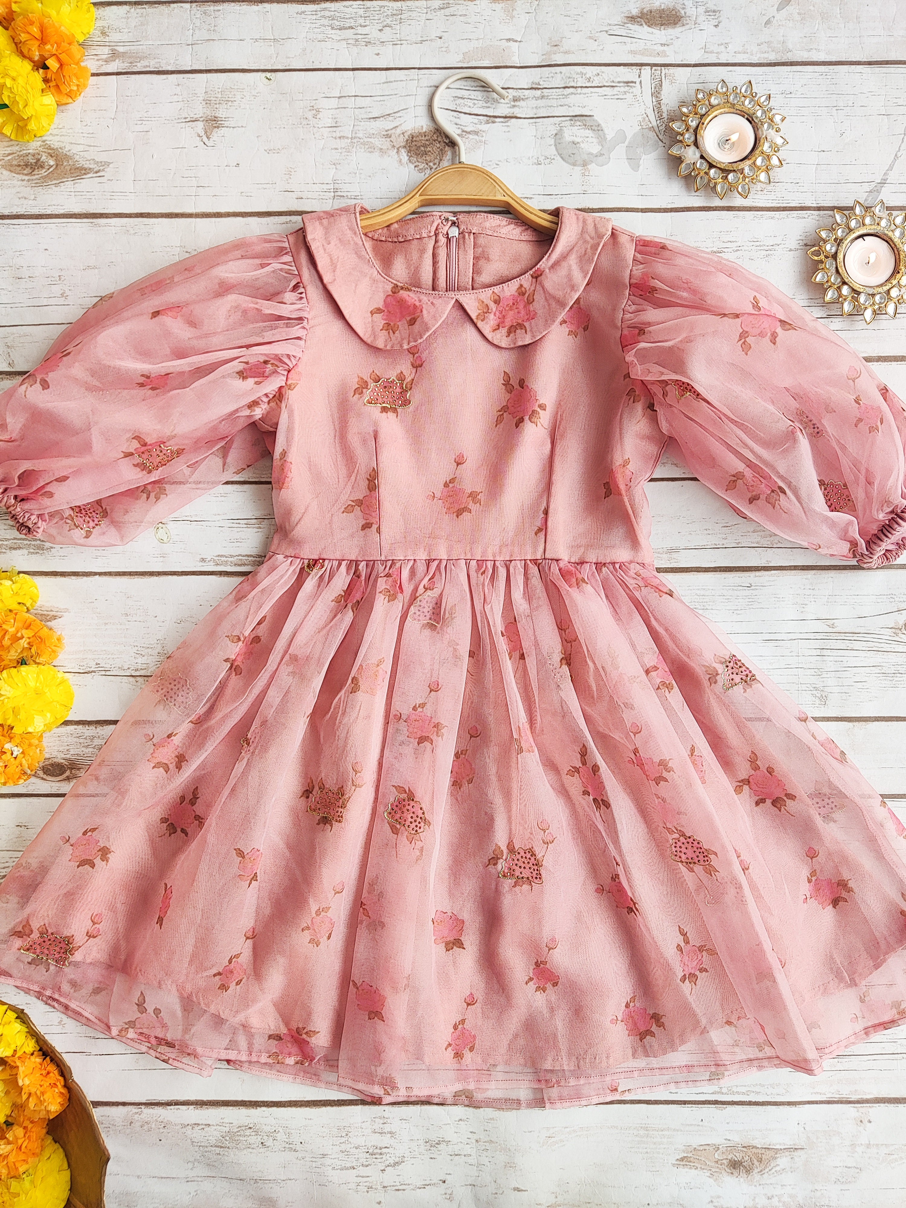 Light Pink Rose Print Kids Organza Dress