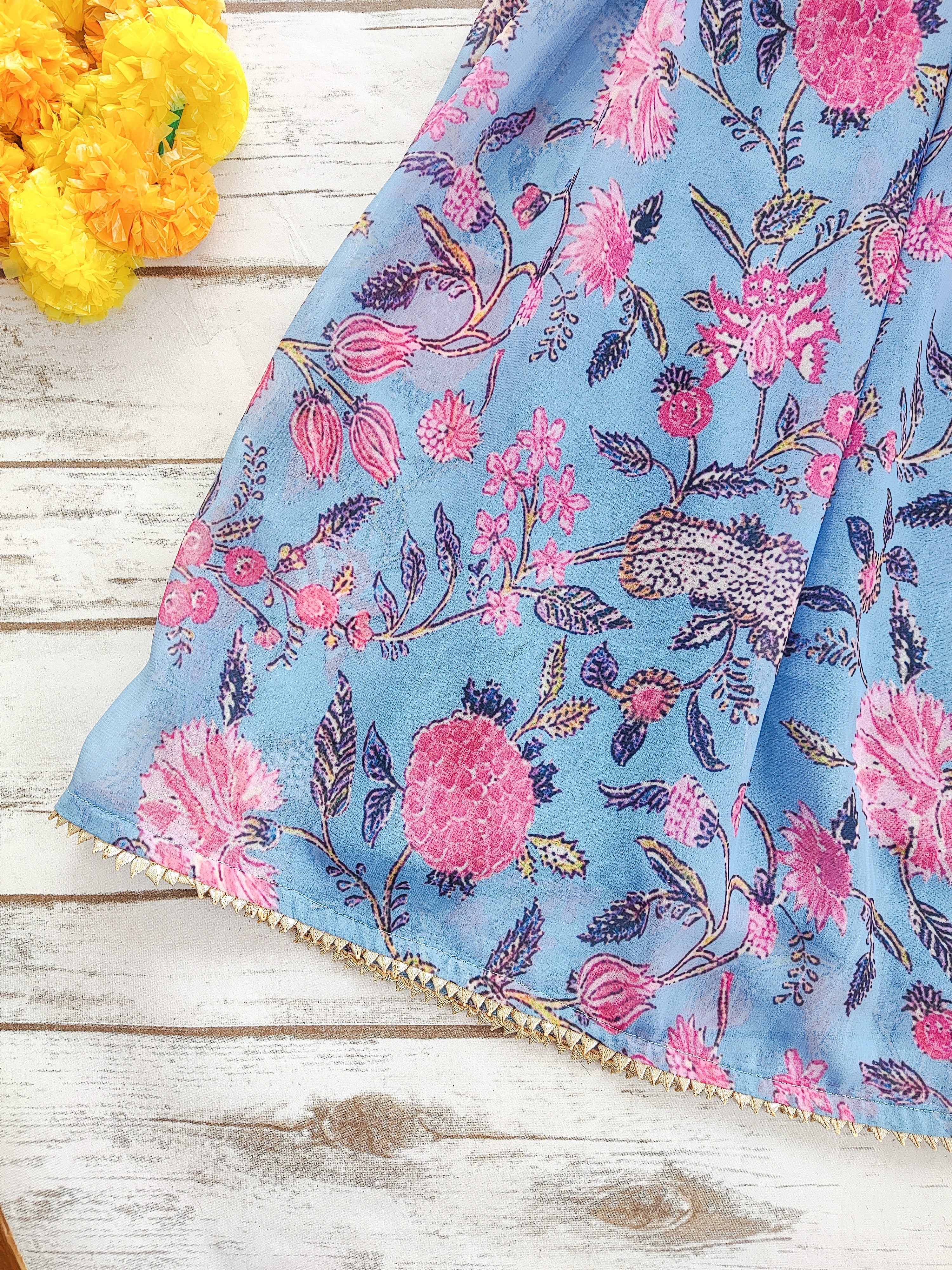Greyish-Blue Floral Print Georgette Kid's Lehenga With One-Shoulder Blouse