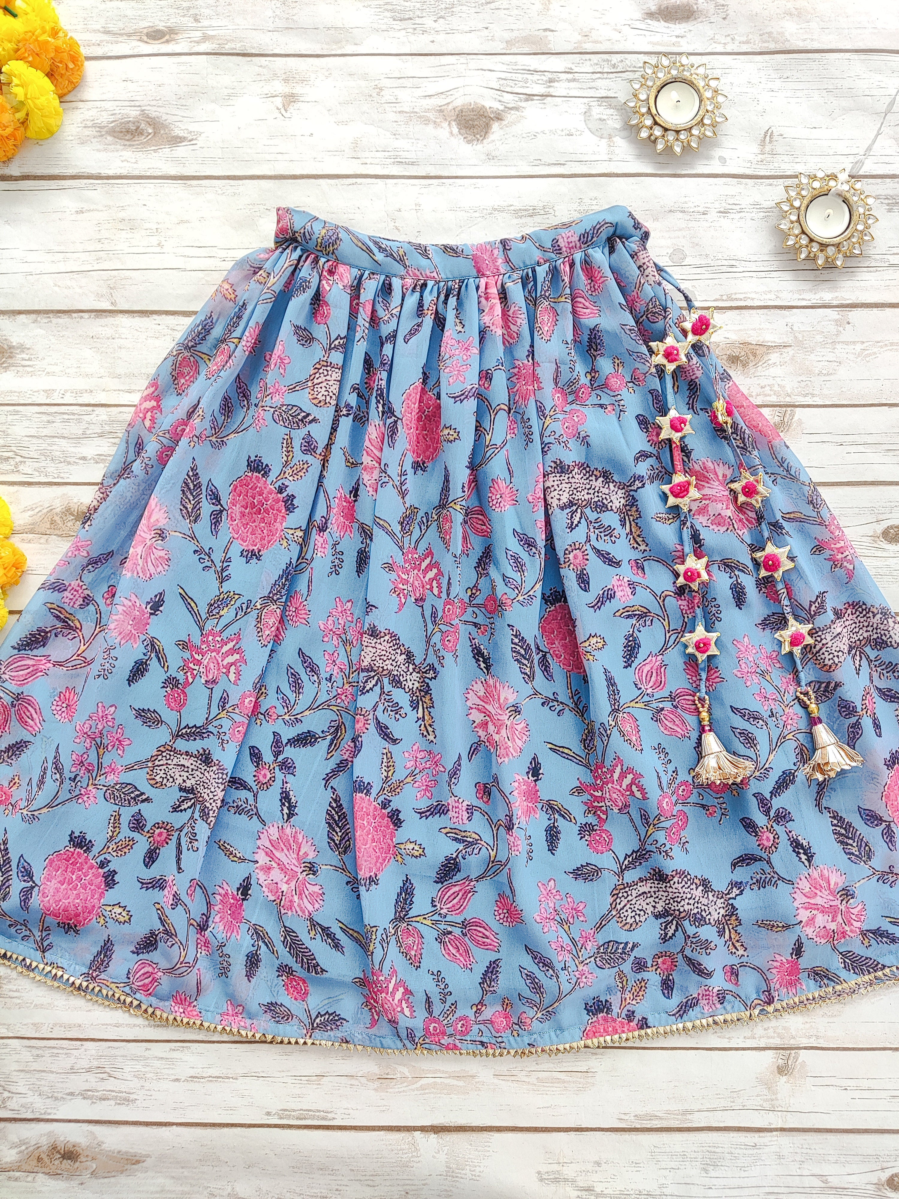 Greyish-Blue Floral Print Georgette Kid's Lehenga With One-Shoulder Blouse