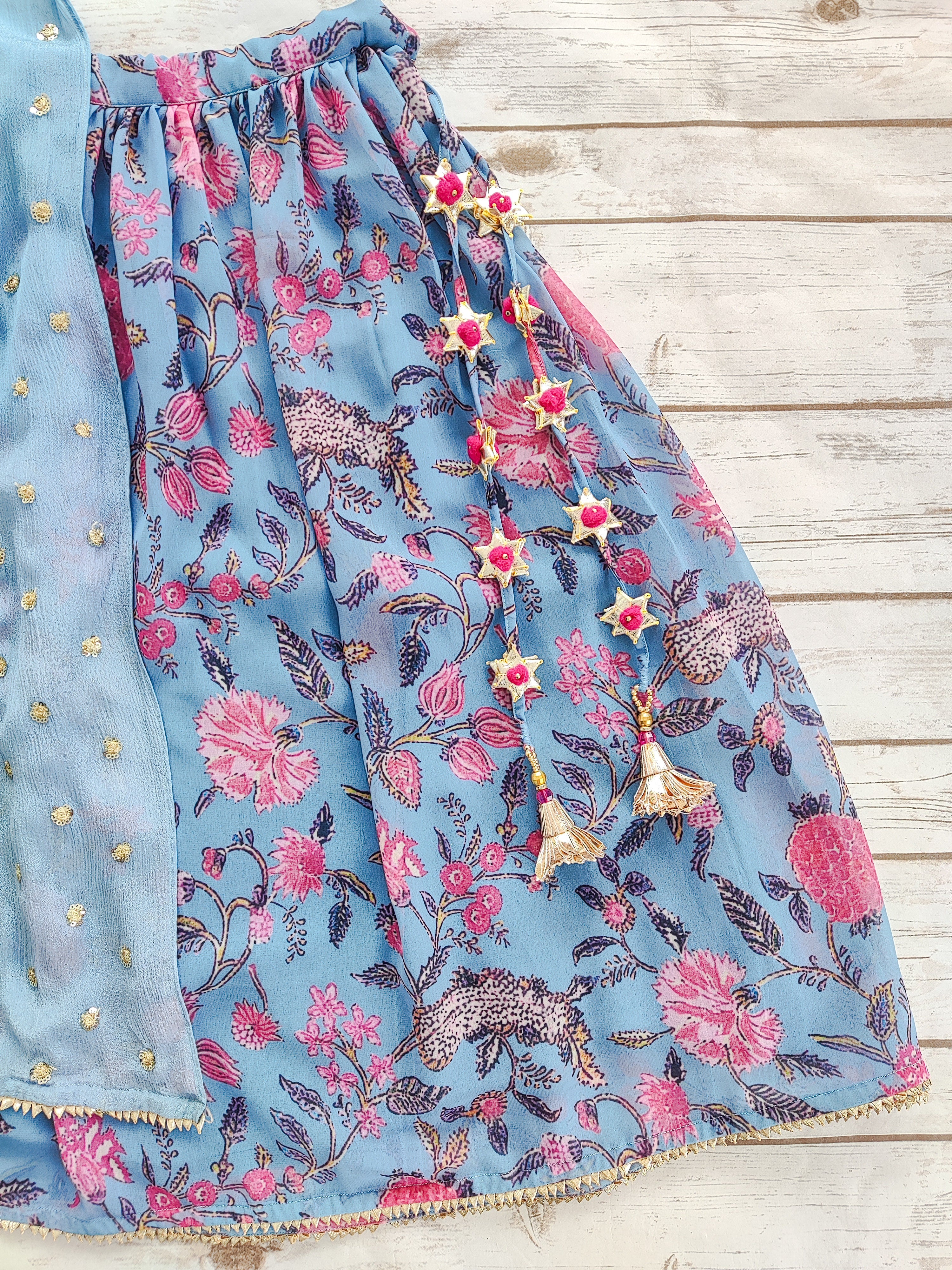 Greyish-Blue Floral Print Georgette Kid's Lehenga With One-Shoulder Blouse