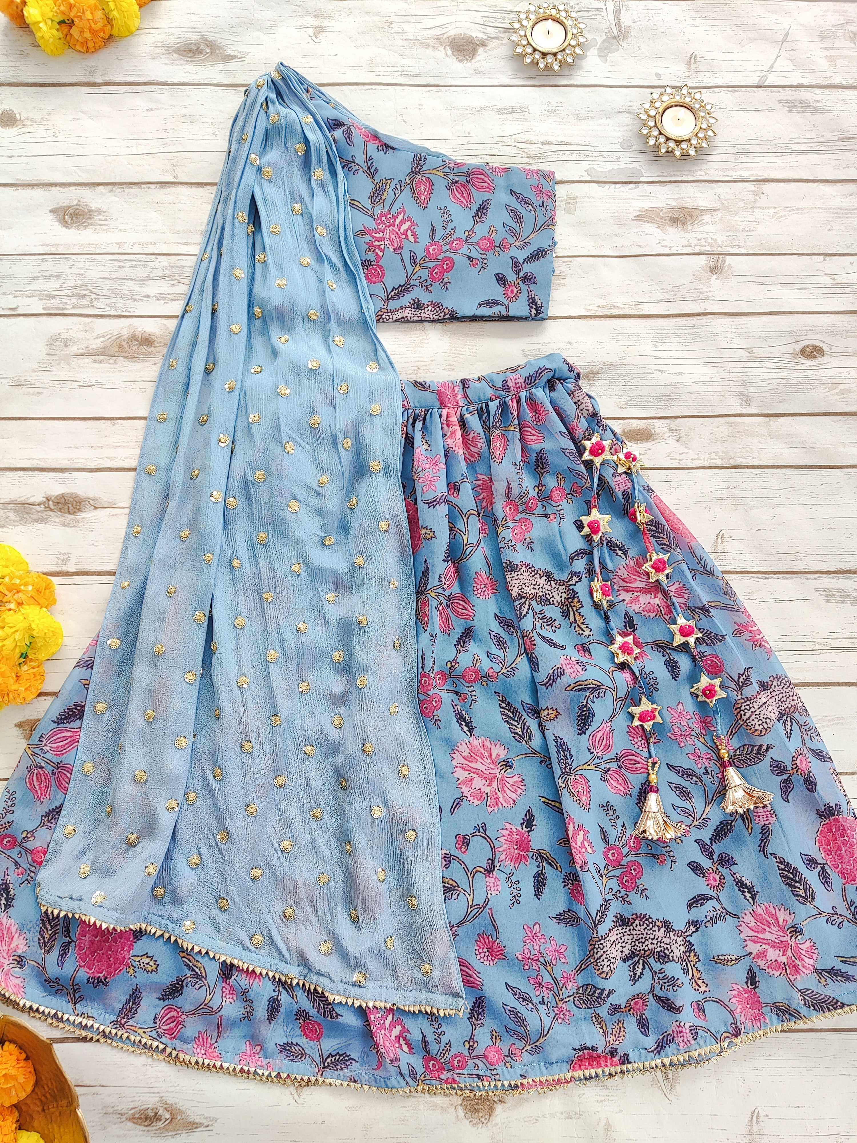Greyish-Blue Floral Print Georgette Kid's Lehenga With One-Shoulder Blouse
