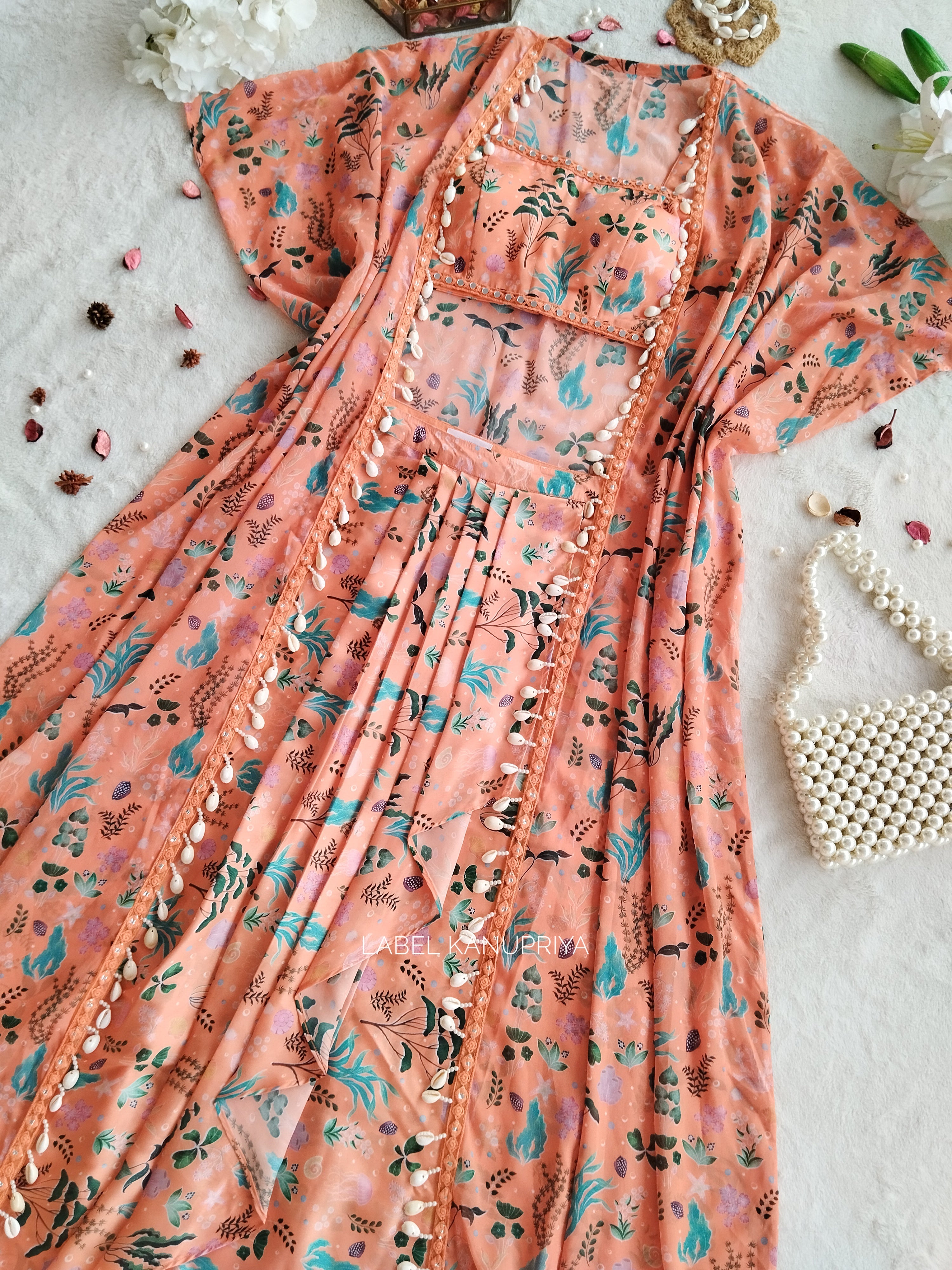 Maggi Orange Aquatic Print Mirrorwork Crop Top & Draped Skirt Set