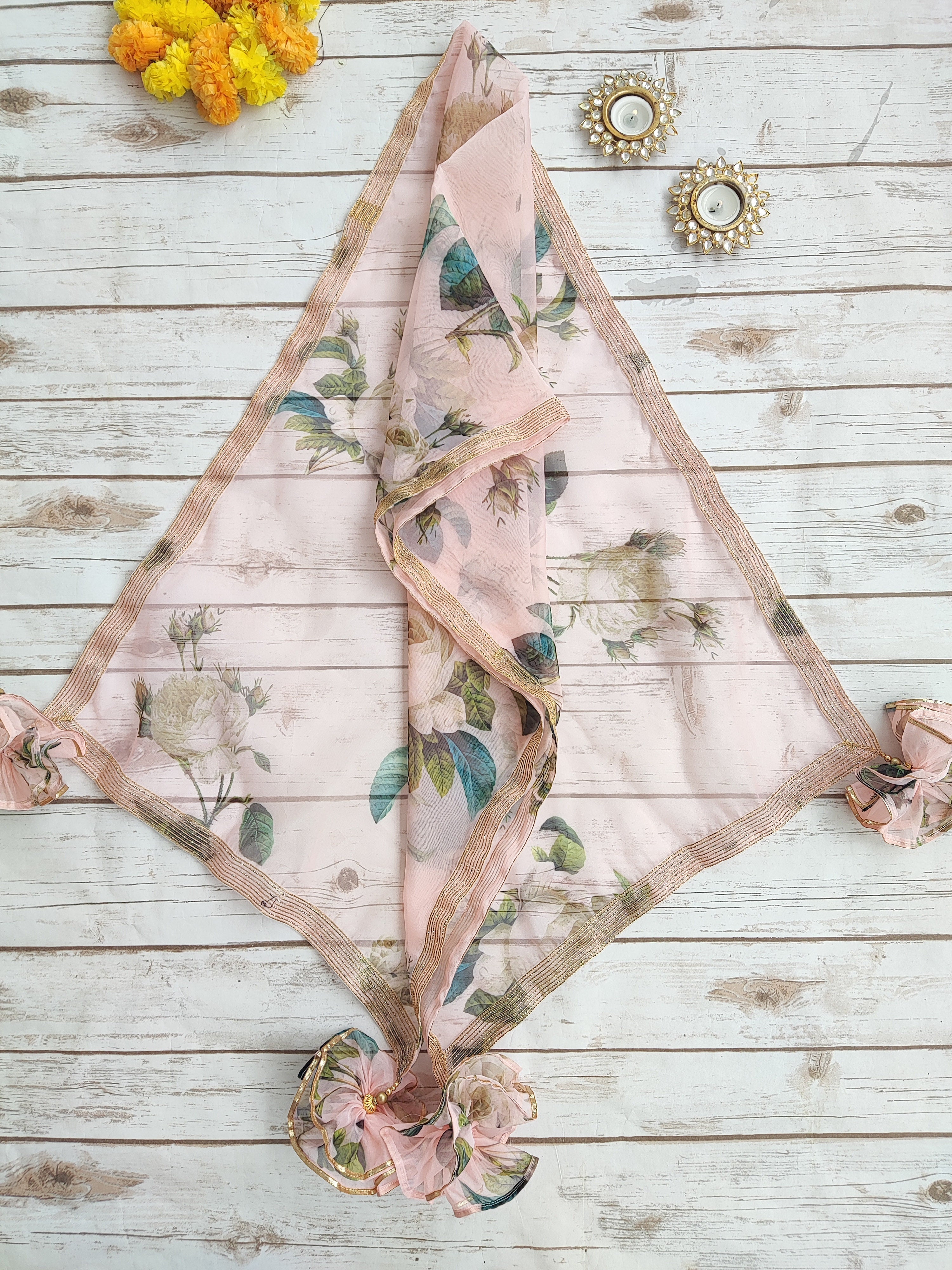 Peach Floral Organza Kids Lehenga