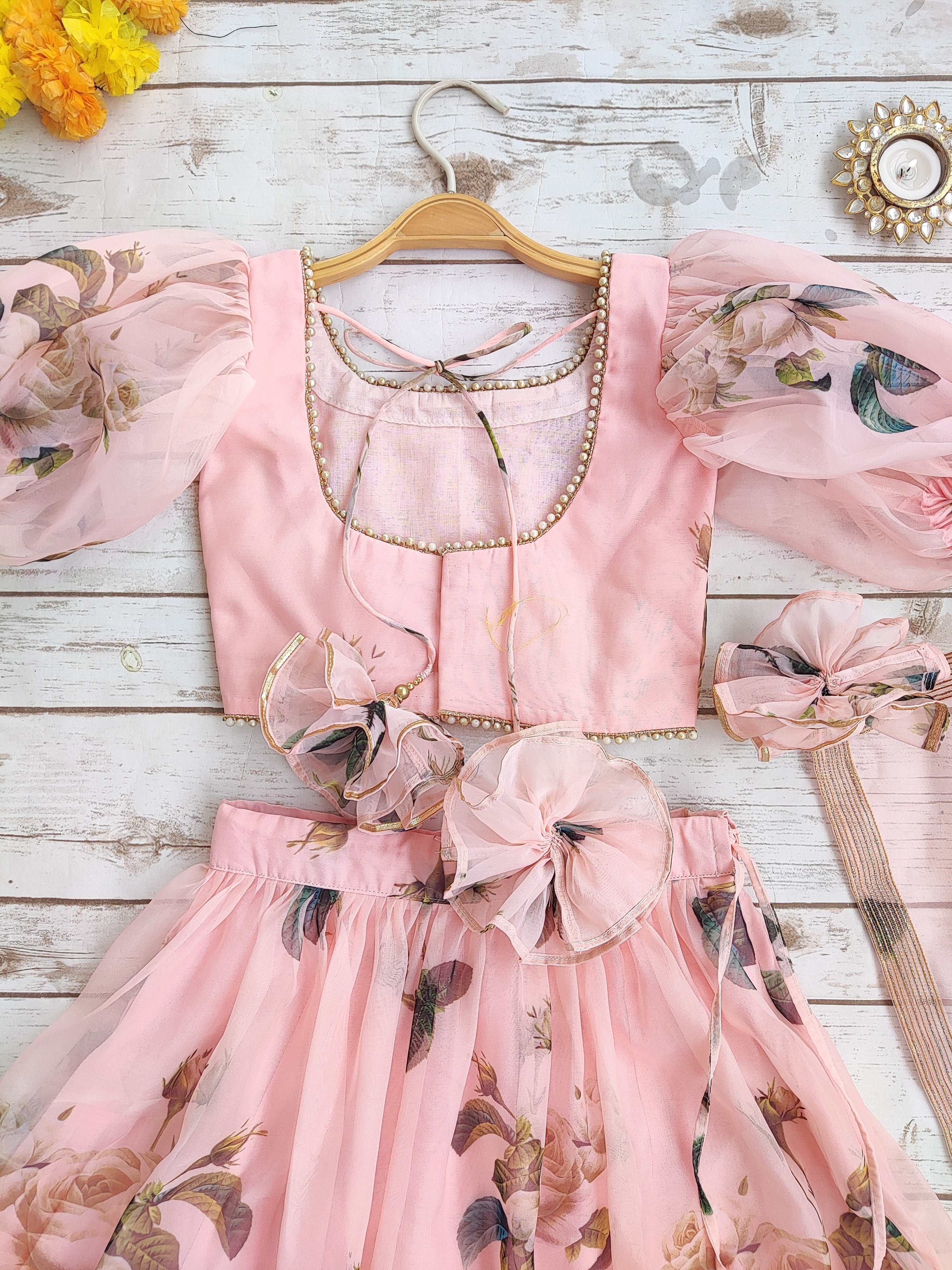 Peach Floral Organza Kids Lehenga