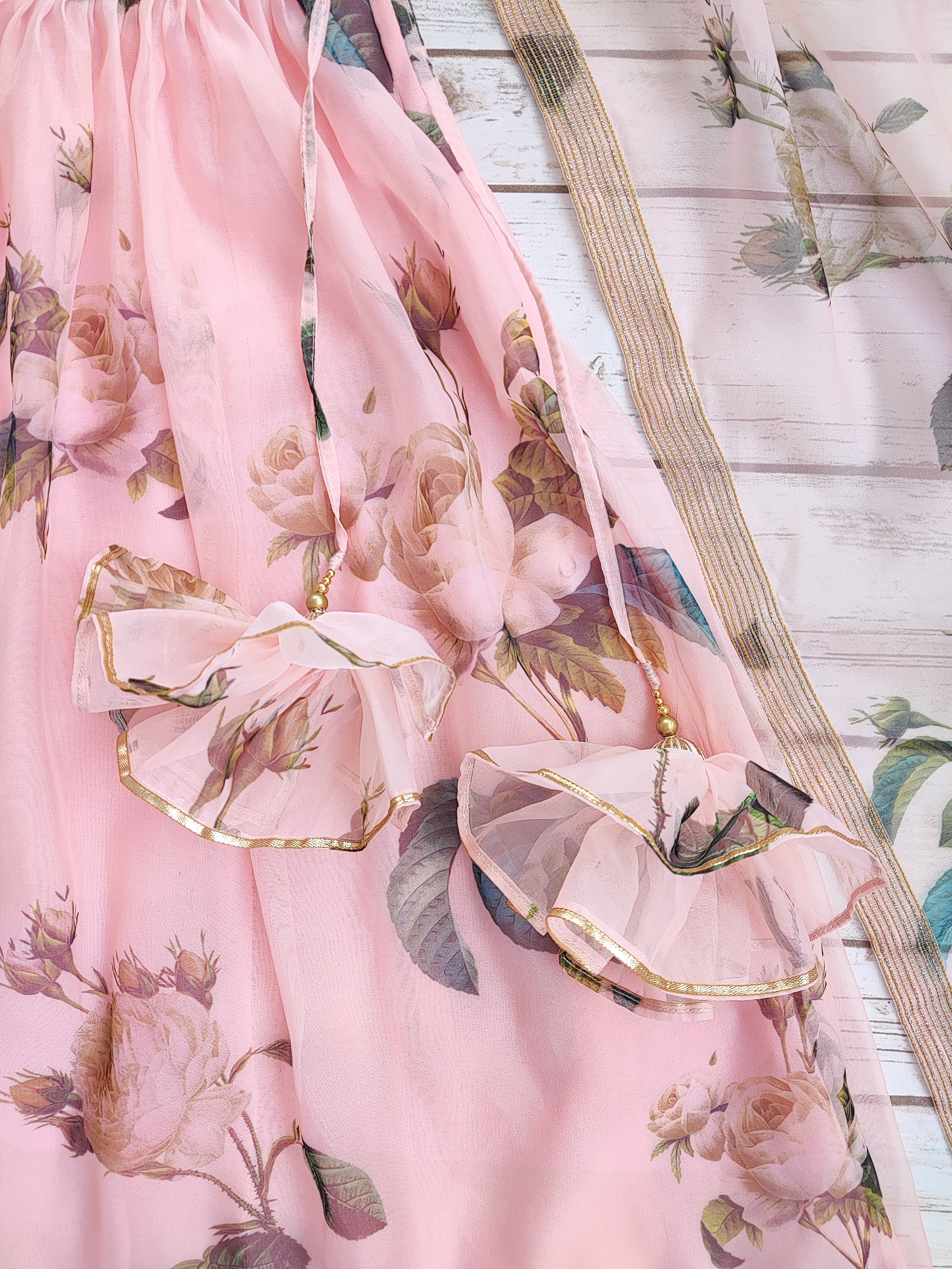 Peach Floral Organza Kids Lehenga