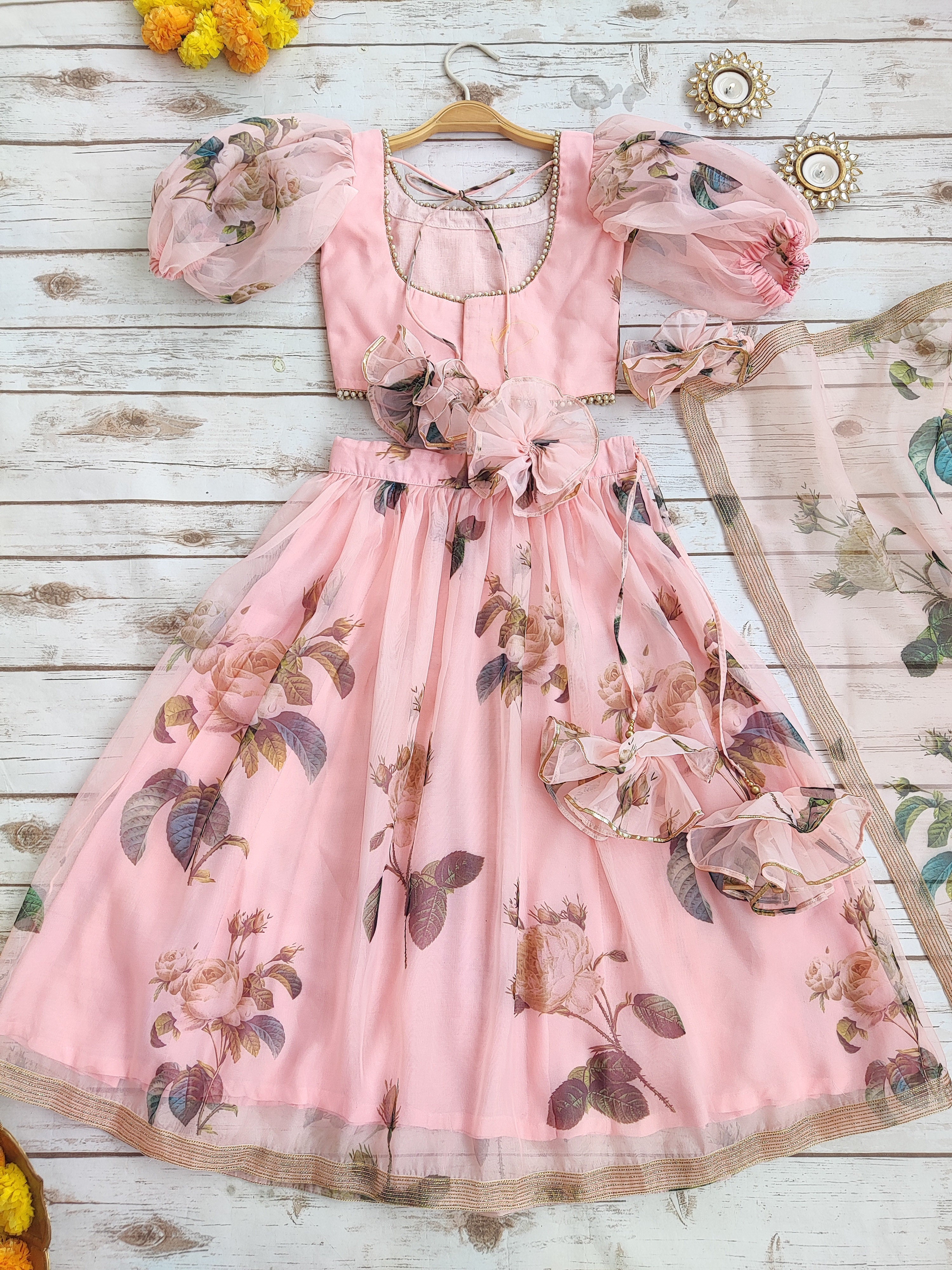 Peach Floral Organza Kids Lehenga