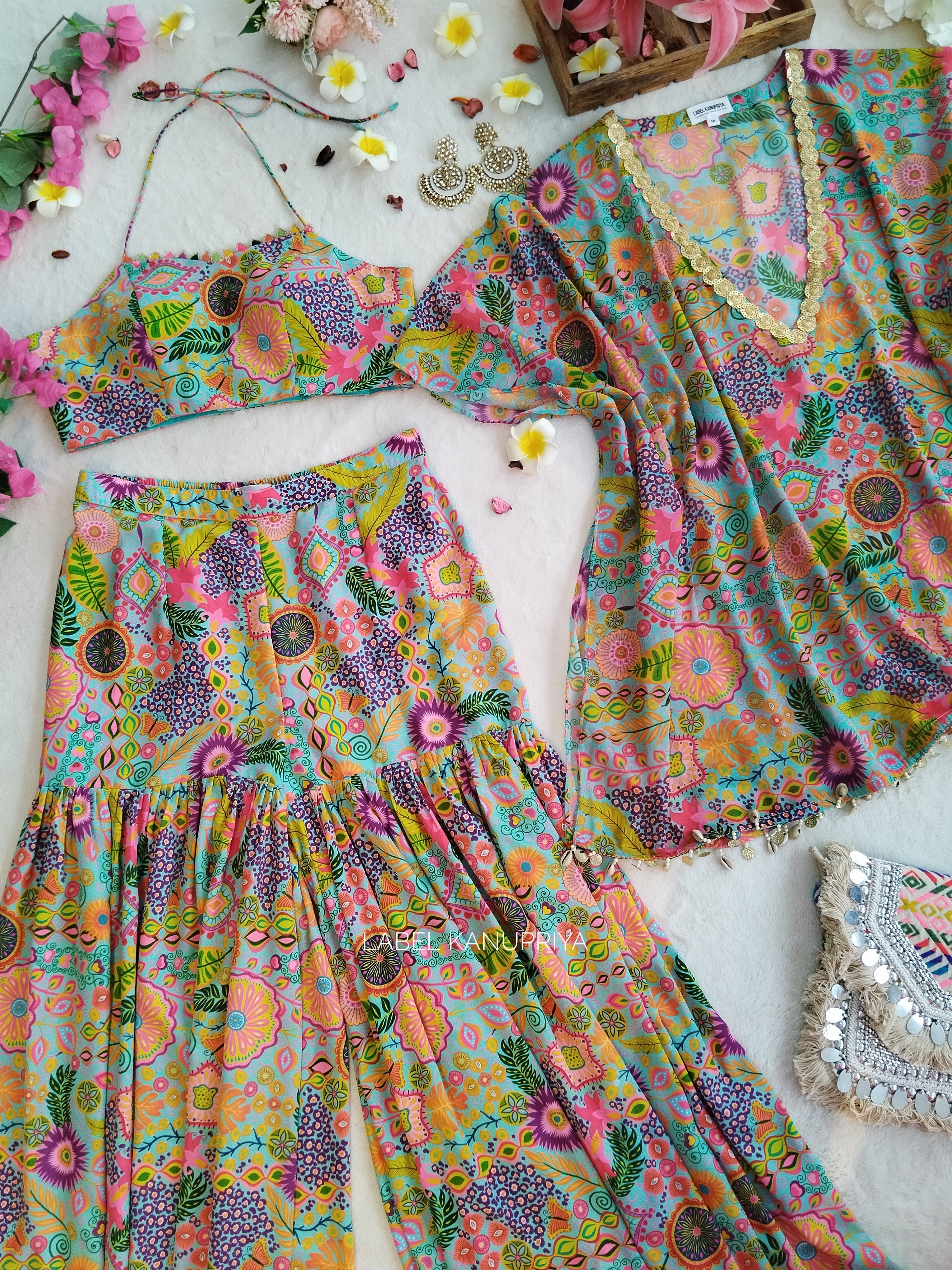 Aqua Kitschy Printed Crop Top and Sharara Set