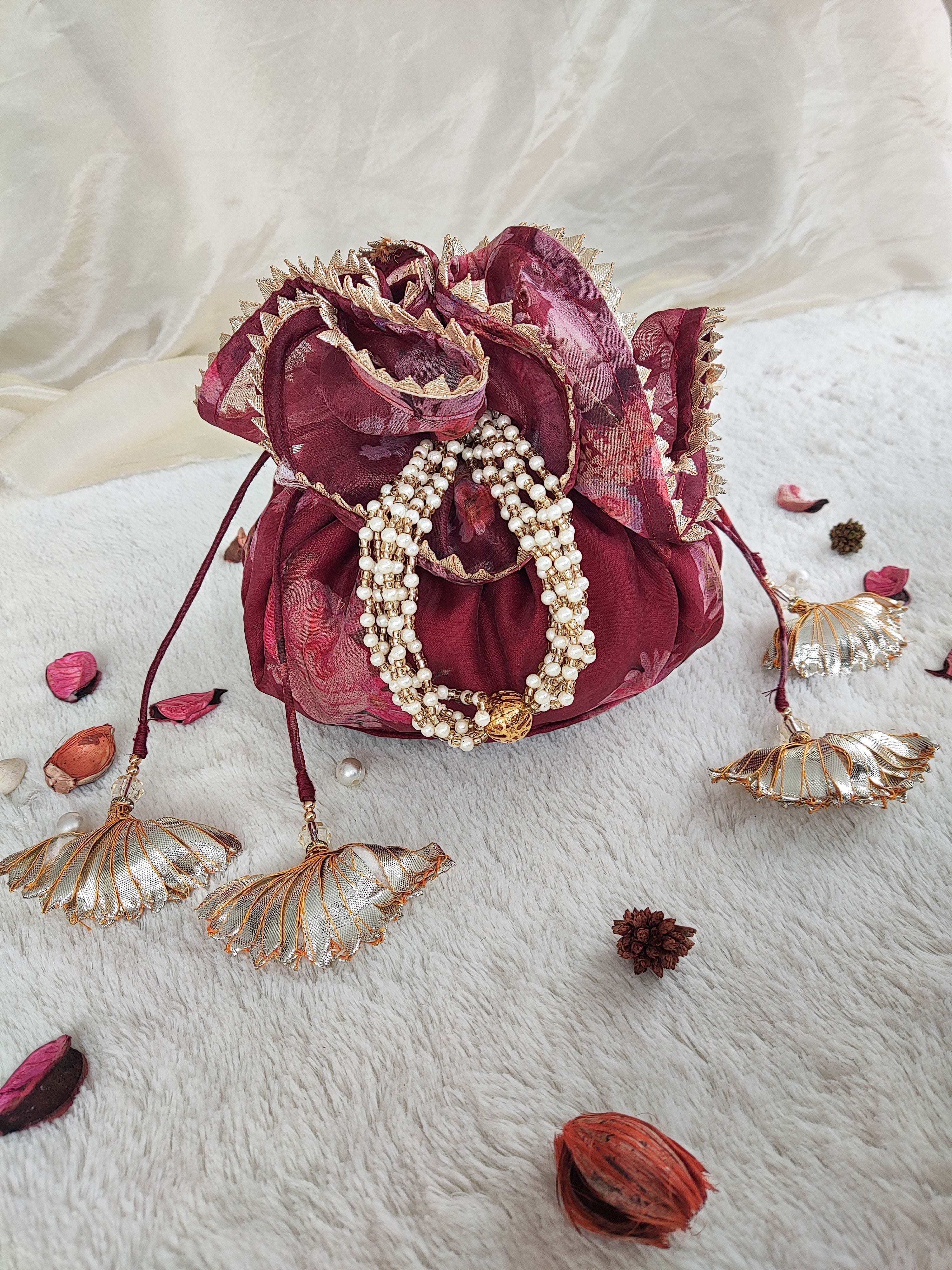 Wine Floral Organza Print Round Potli Bag