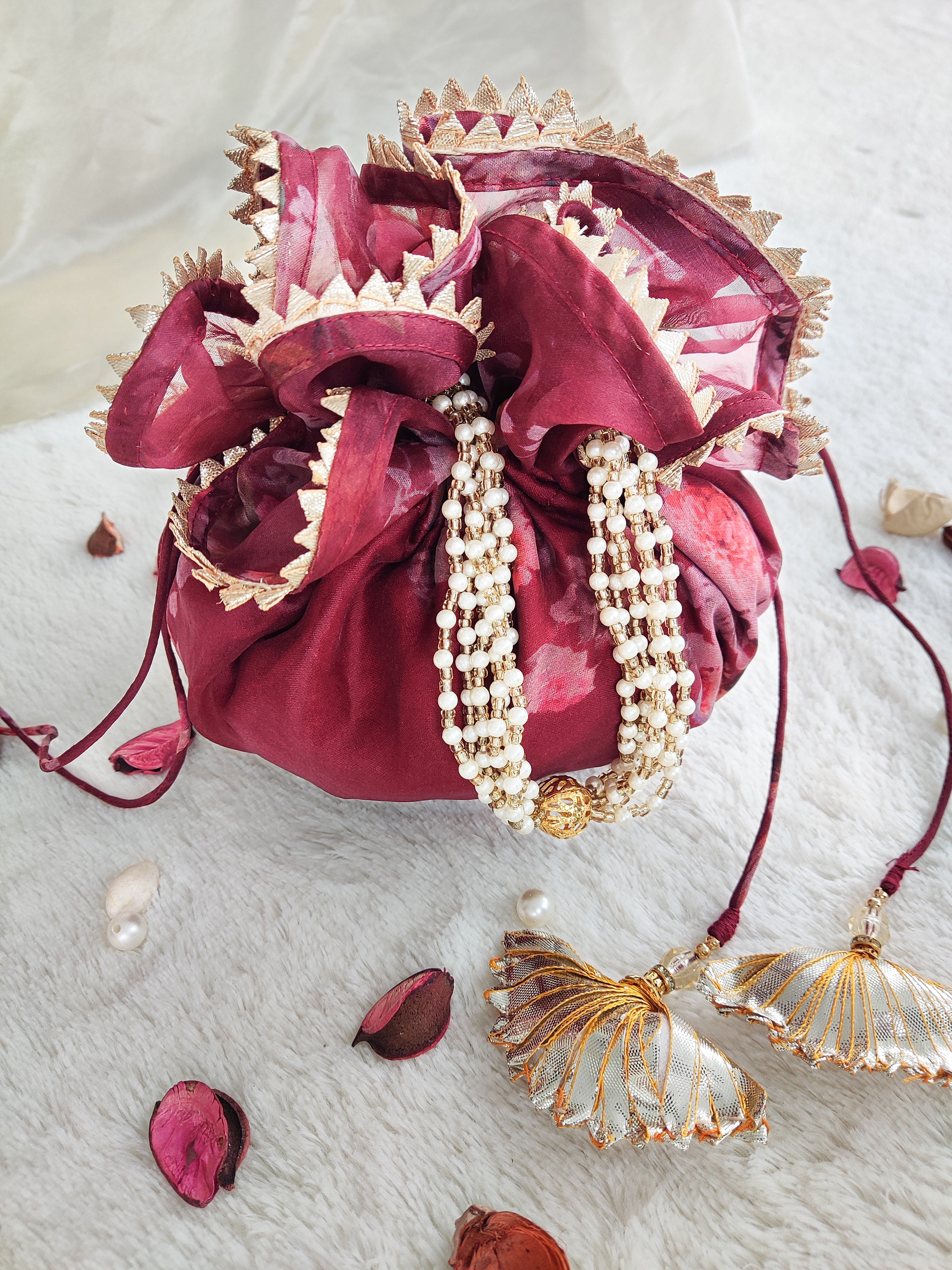 Wine Floral Organza Print Round Potli Bag