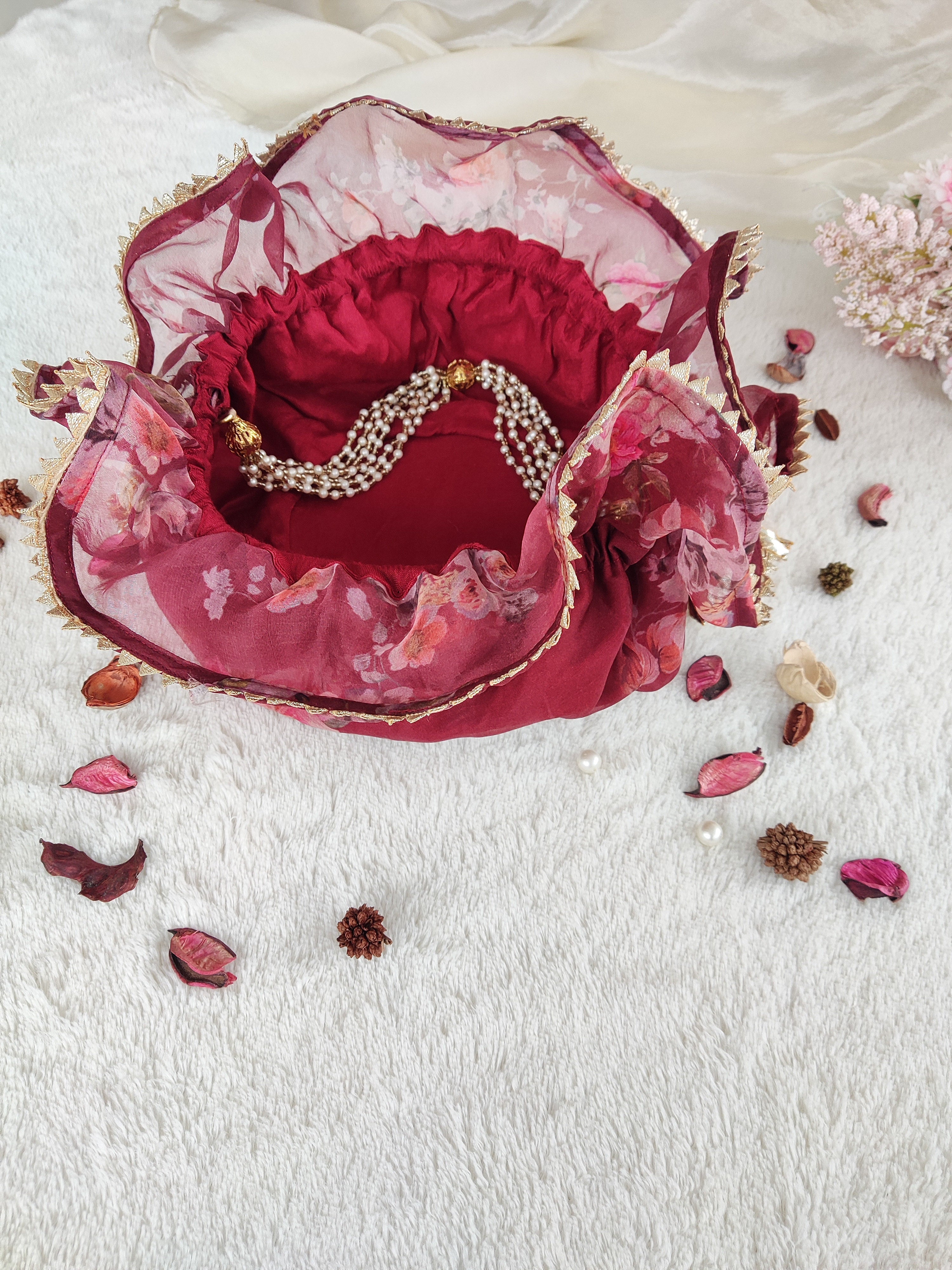 Wine Floral Organza Print Round Potli Bag