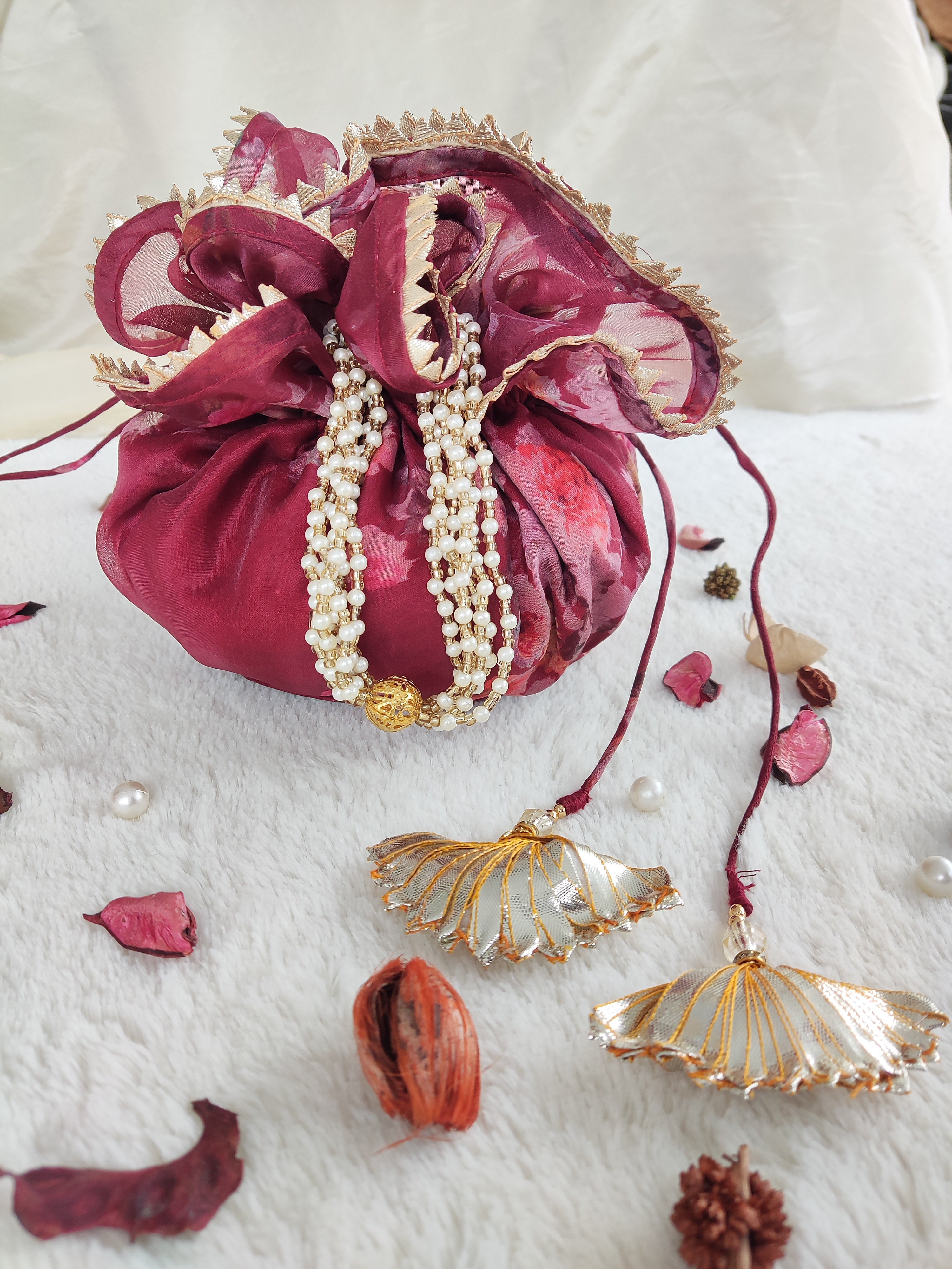 Wine Floral Organza Print Round Potli Bag