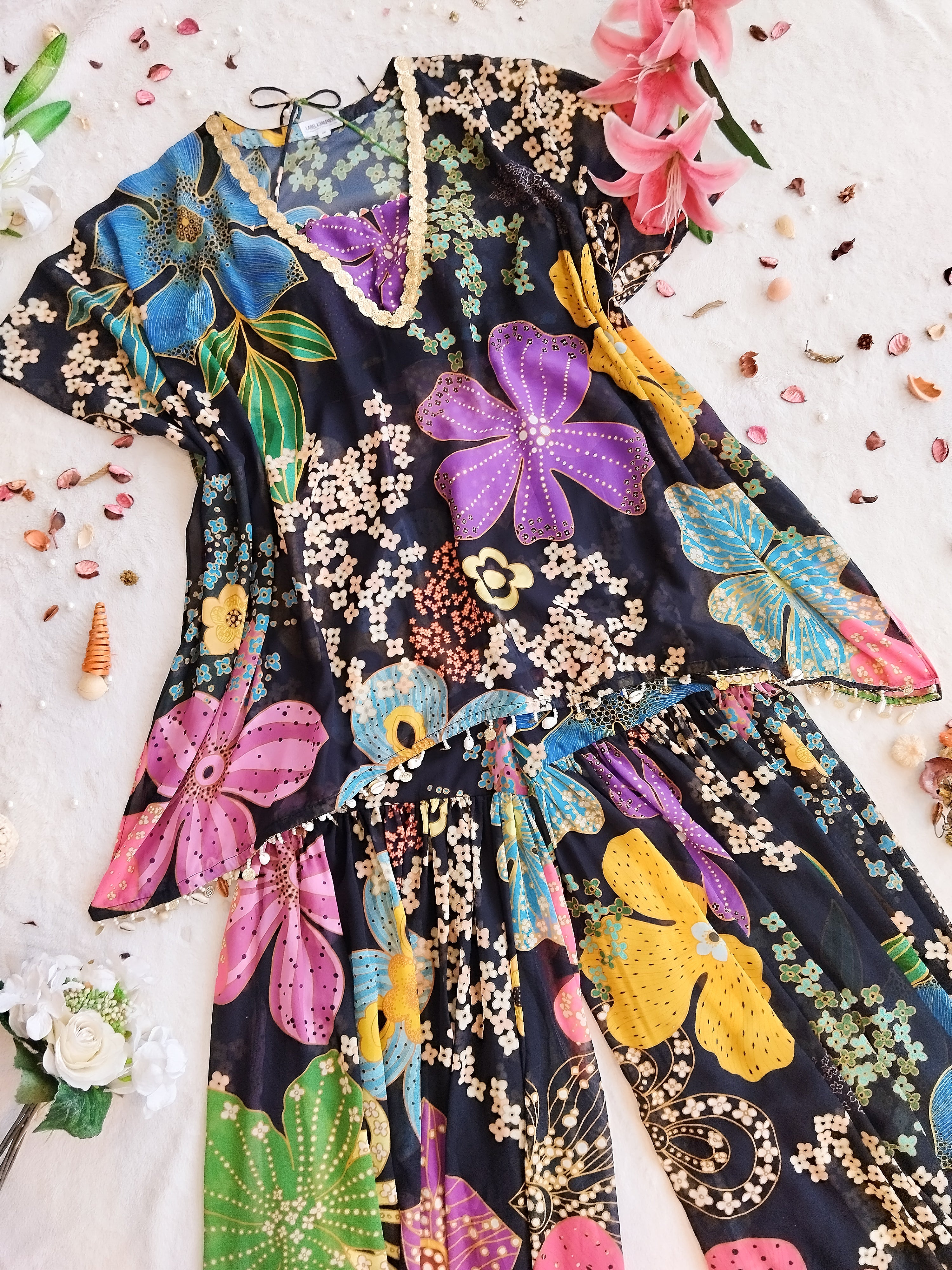 Black Floral Printed Crop Top Sharara Kaftan Set