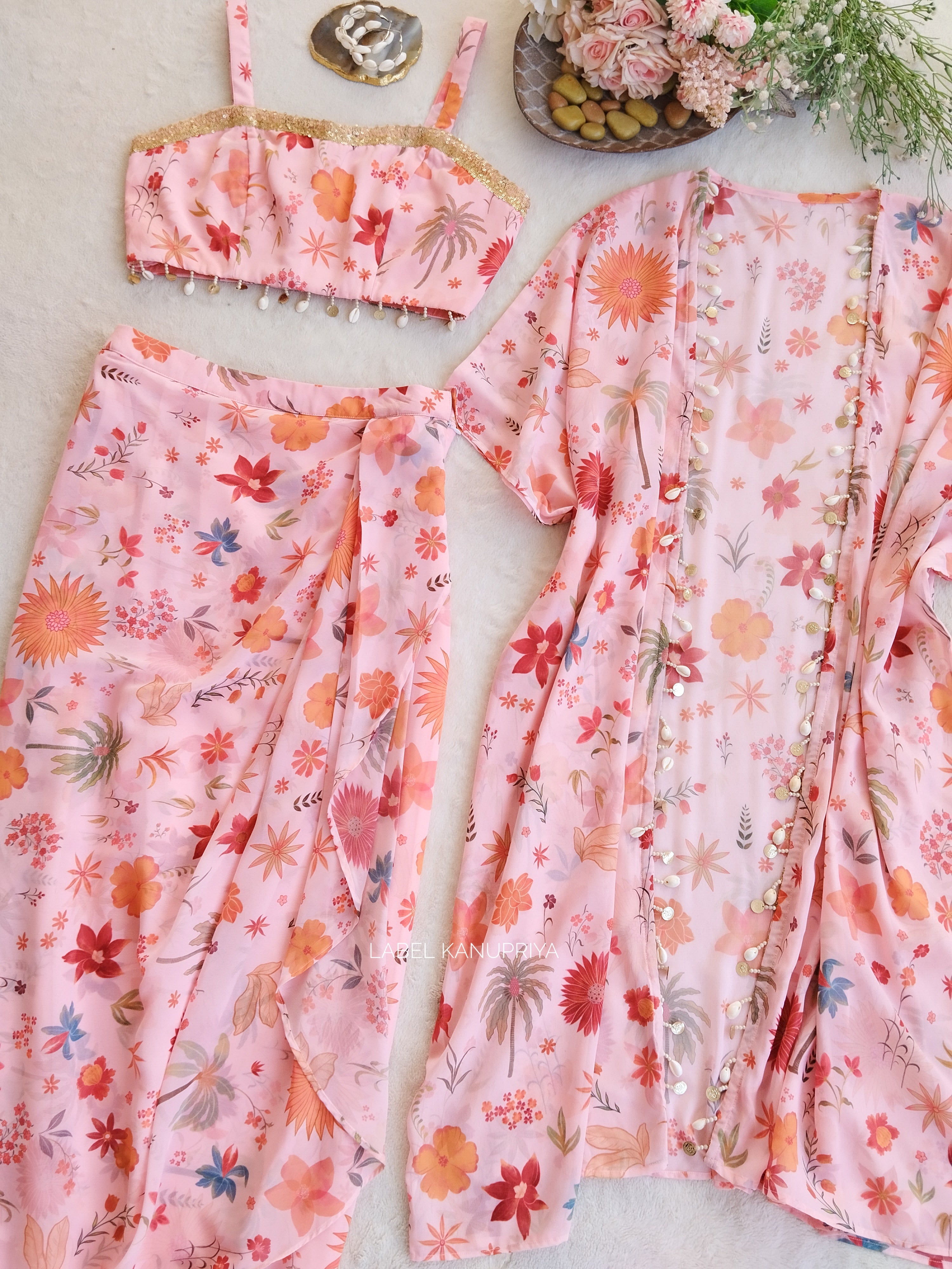 Pink Tropical Crop Top & Draped Skirt Co-Ord Set