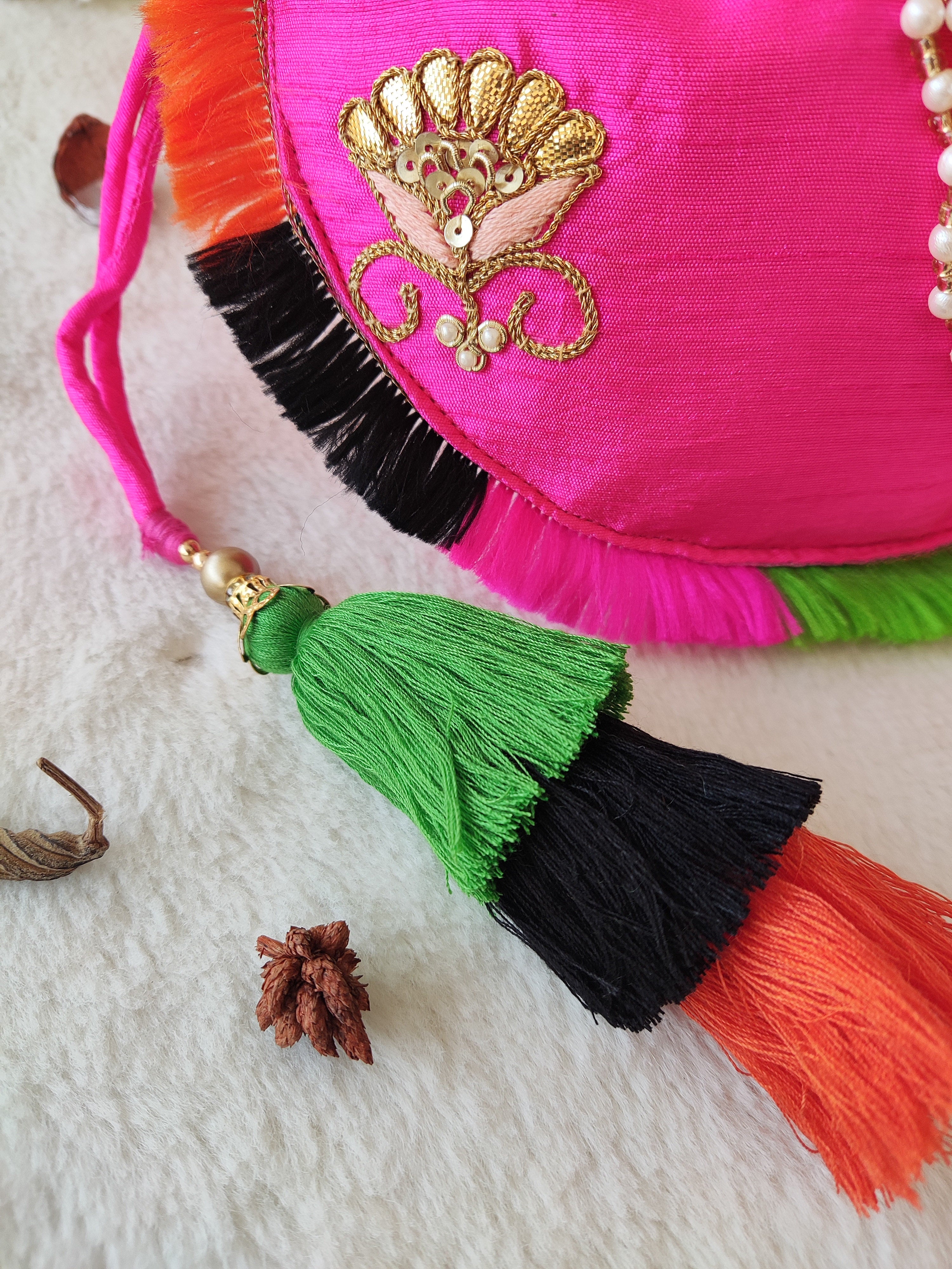 Hot Pink Gota Patti Round Potli Bag