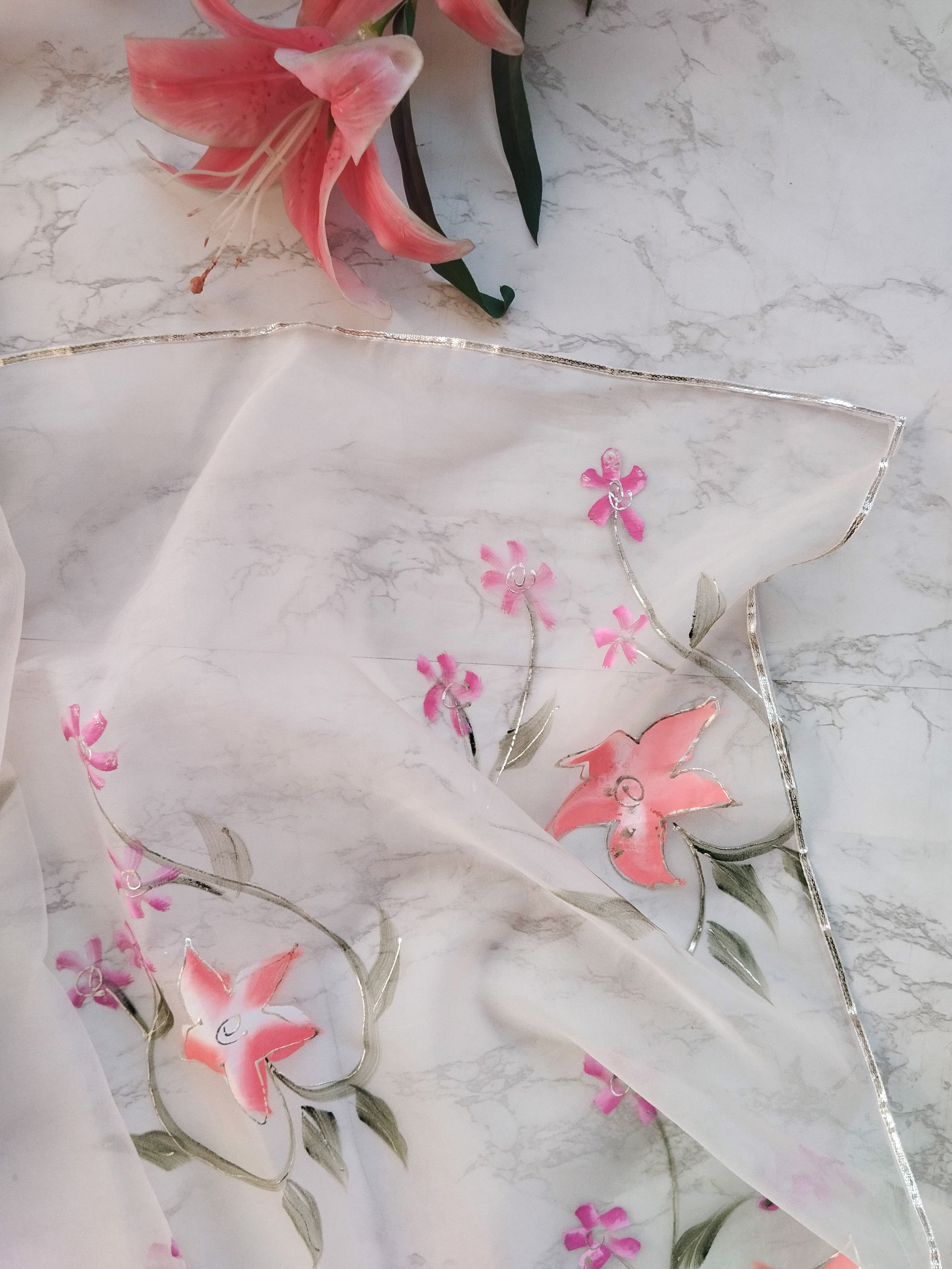 Peach Handpainted Floral Organza Saree
