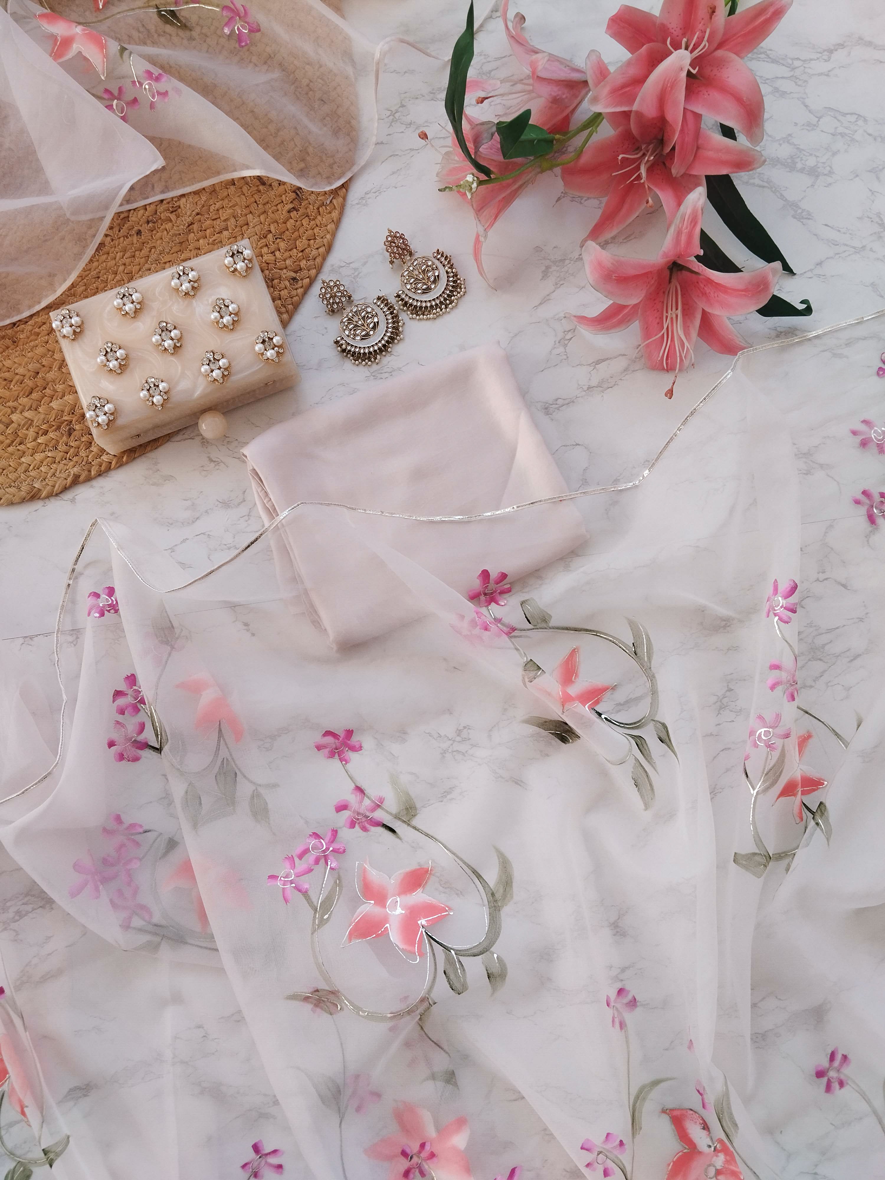 Peach Handpainted Floral Organza Saree