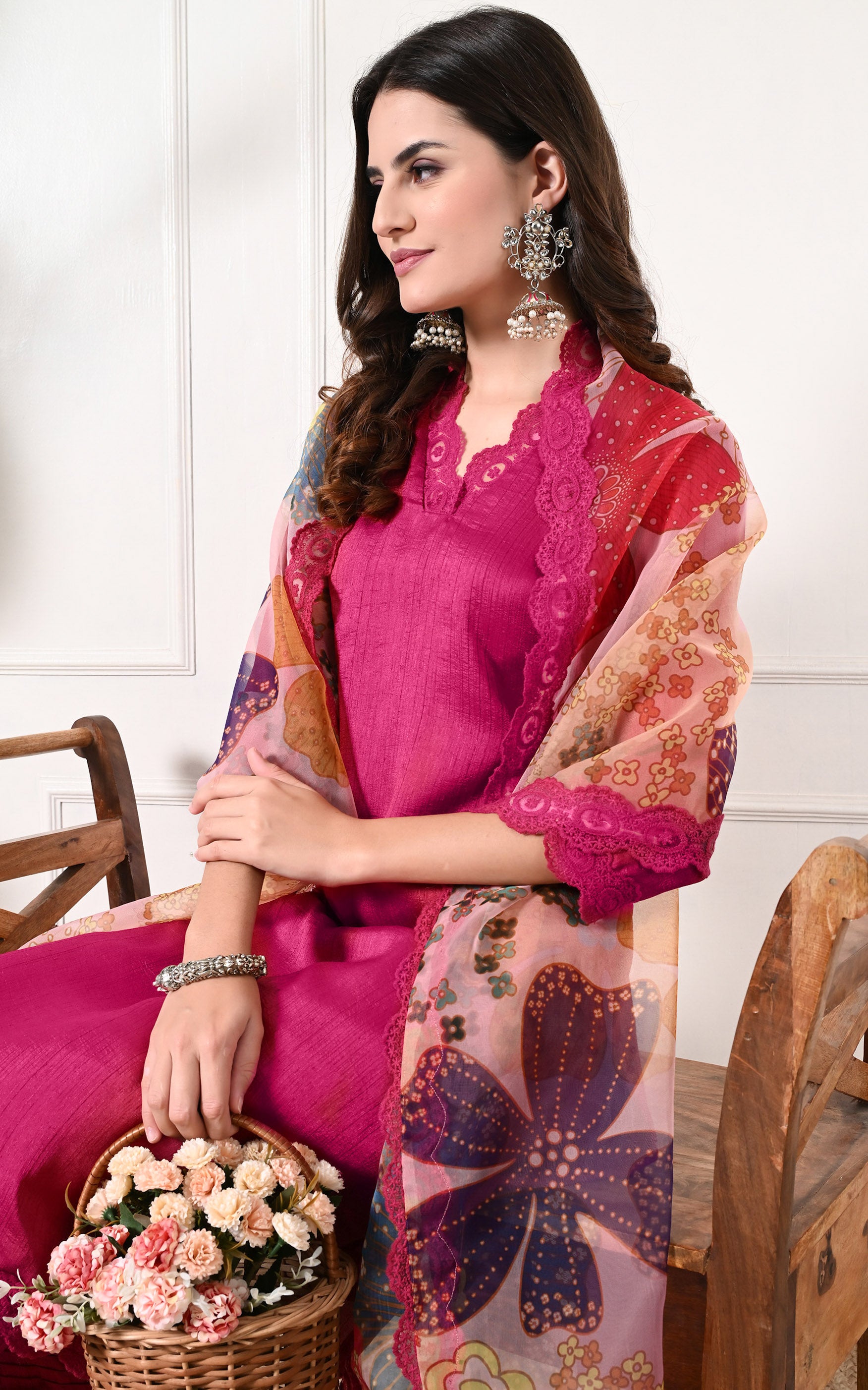 Pink Lace-work Kurta Set with Organza Dupatta
