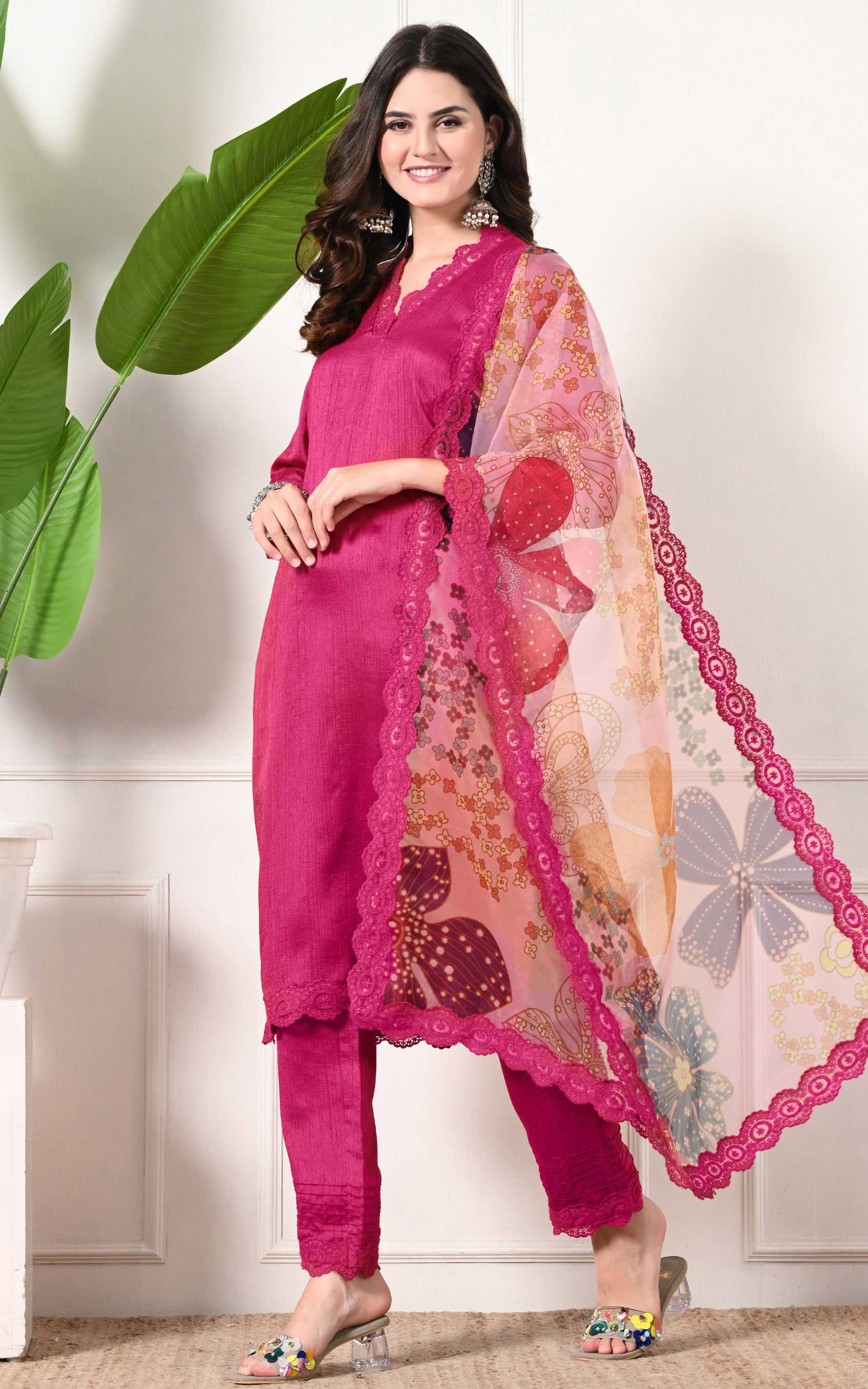 Pink Lace-work Kurta Set with Organza Dupatta