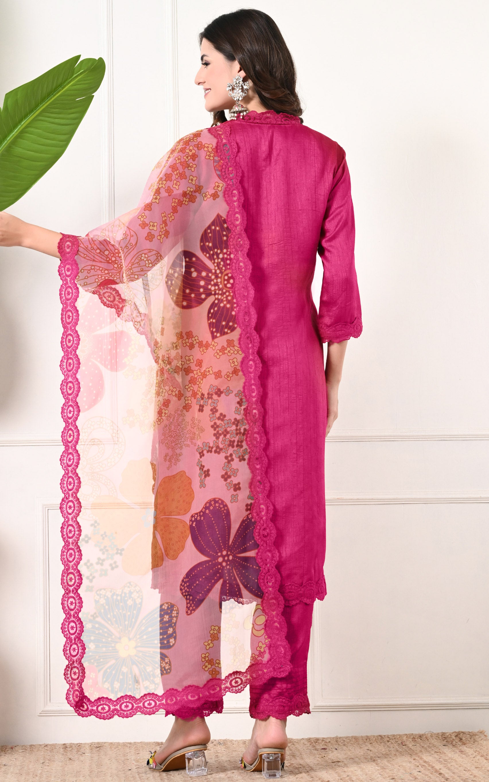 Pink Lace-work Kurta Set with Organza Dupatta