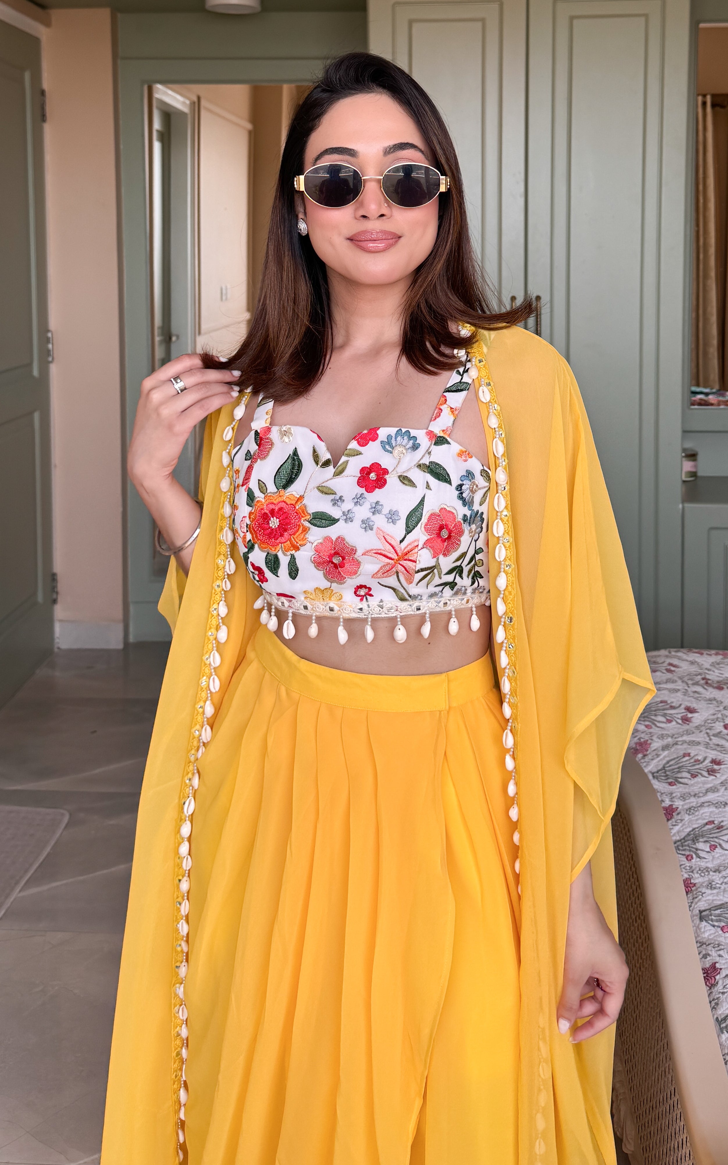 Yellow Embroidered Crop-Top & Draped Skirt Co-ord Set