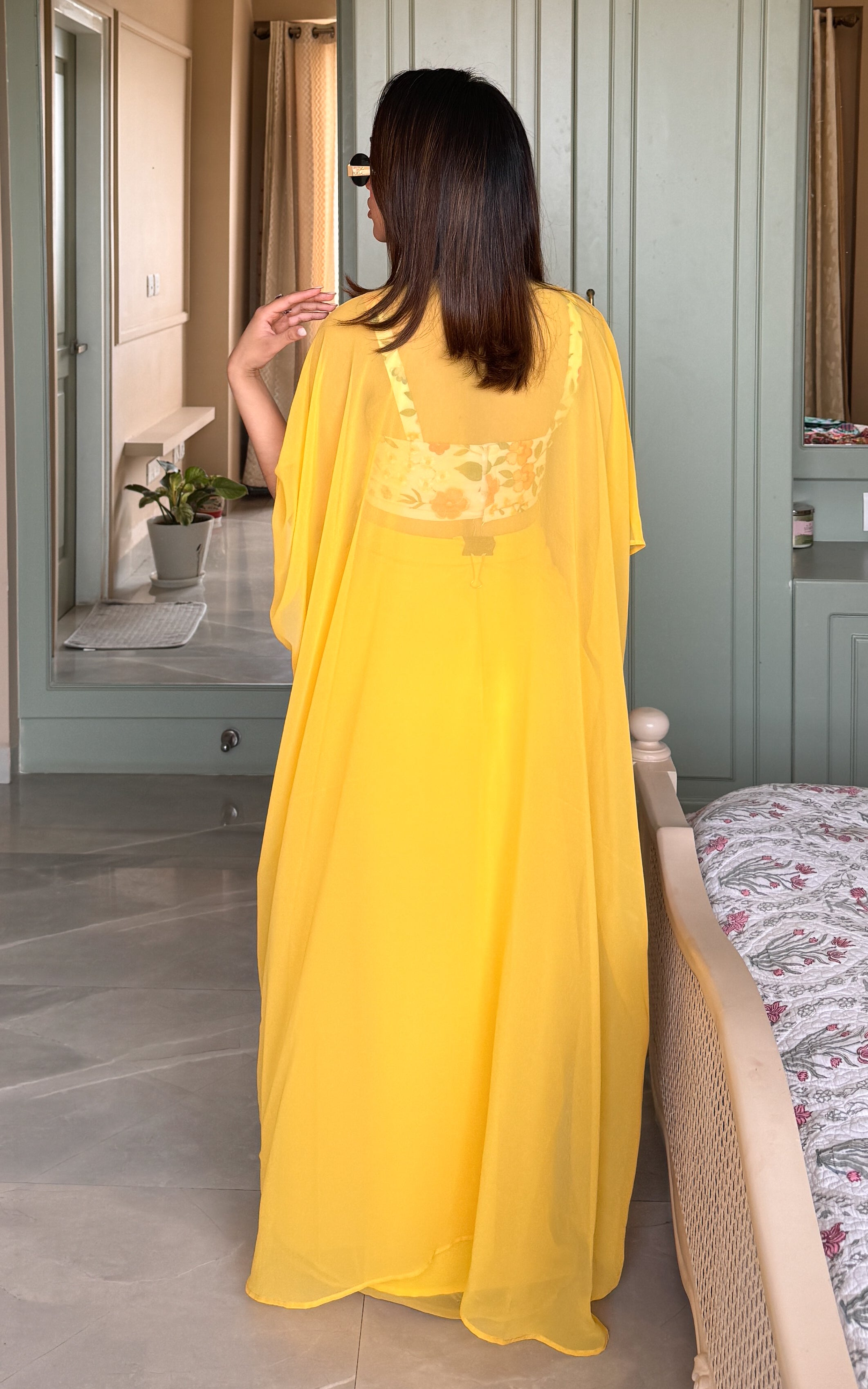 Yellow Embroidered Crop-Top & Draped Skirt Co-ord Set