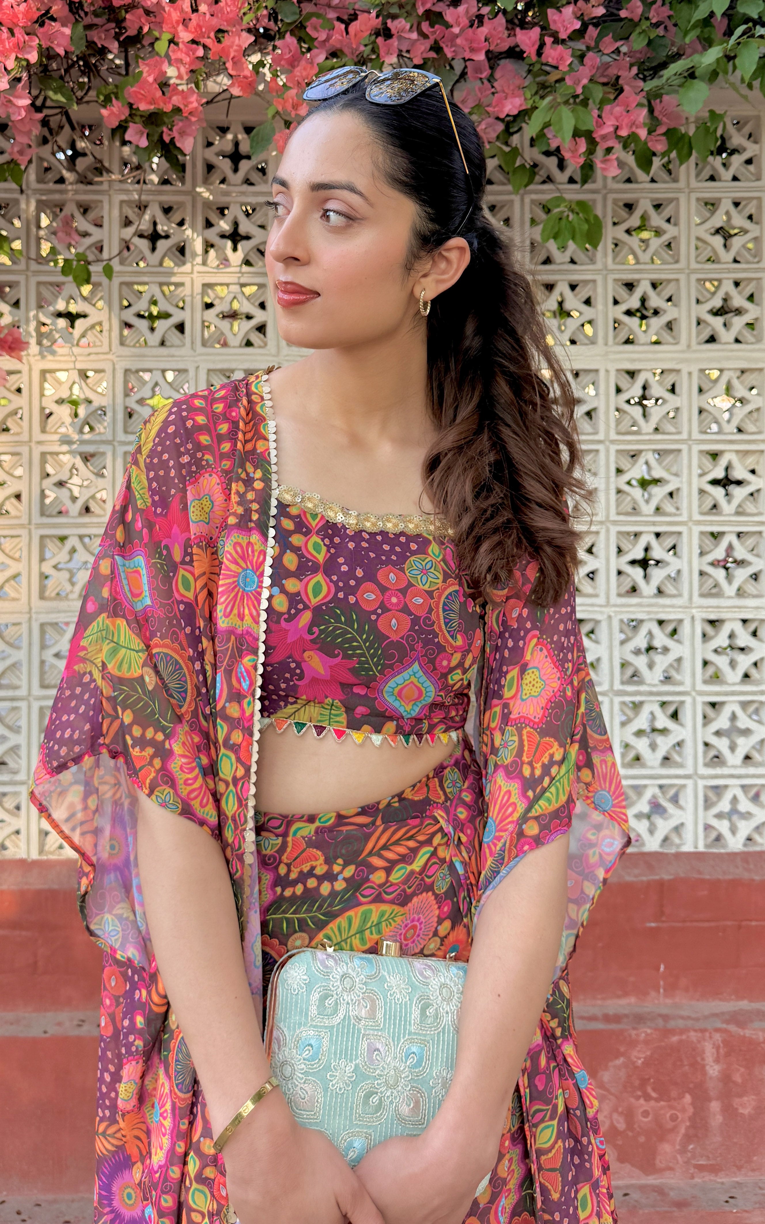 Purple Kitschy Crop Top Draped Skirt Co-ord Set