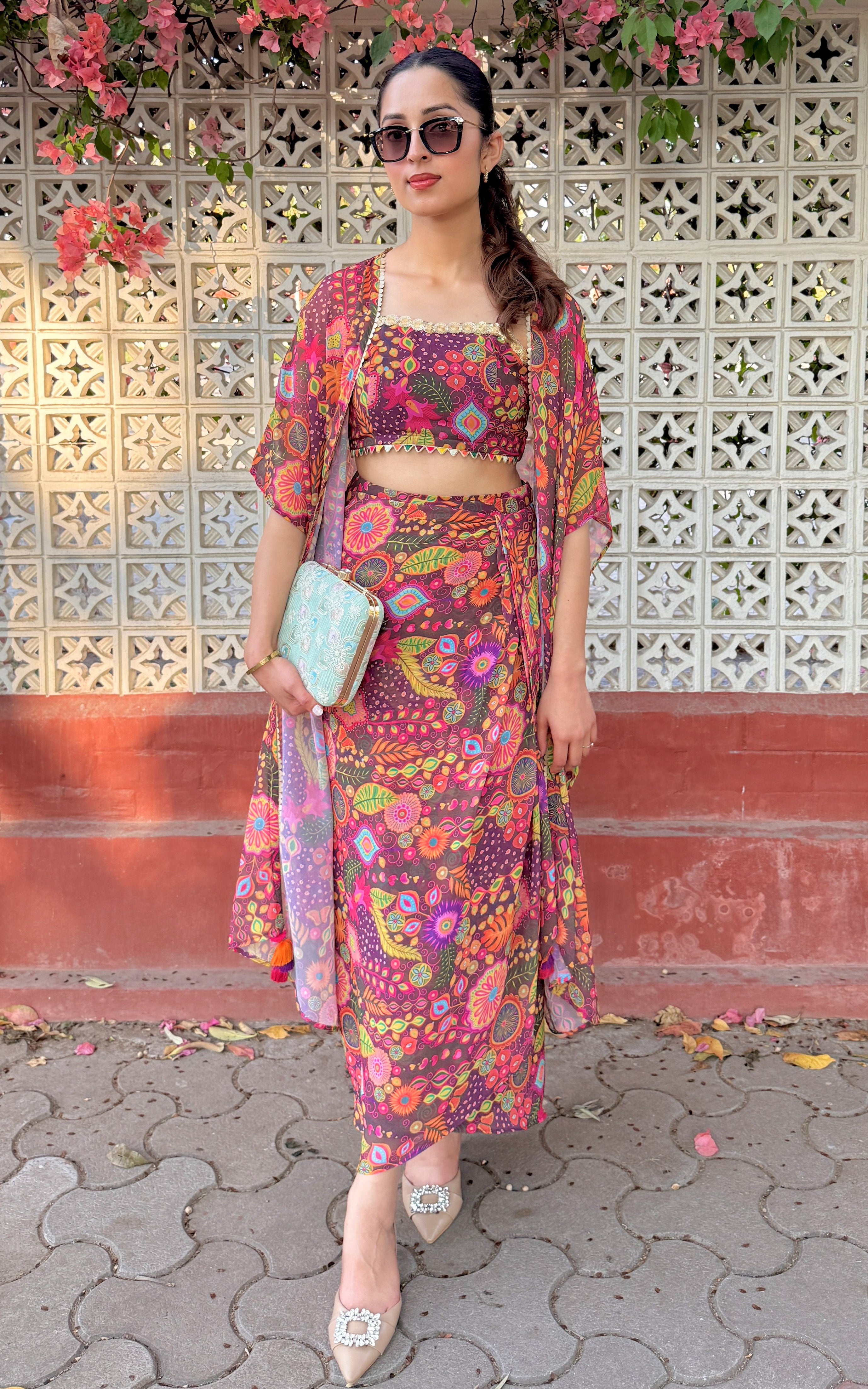 Purple Kitschy Crop Top Draped Skirt Co-ord Set