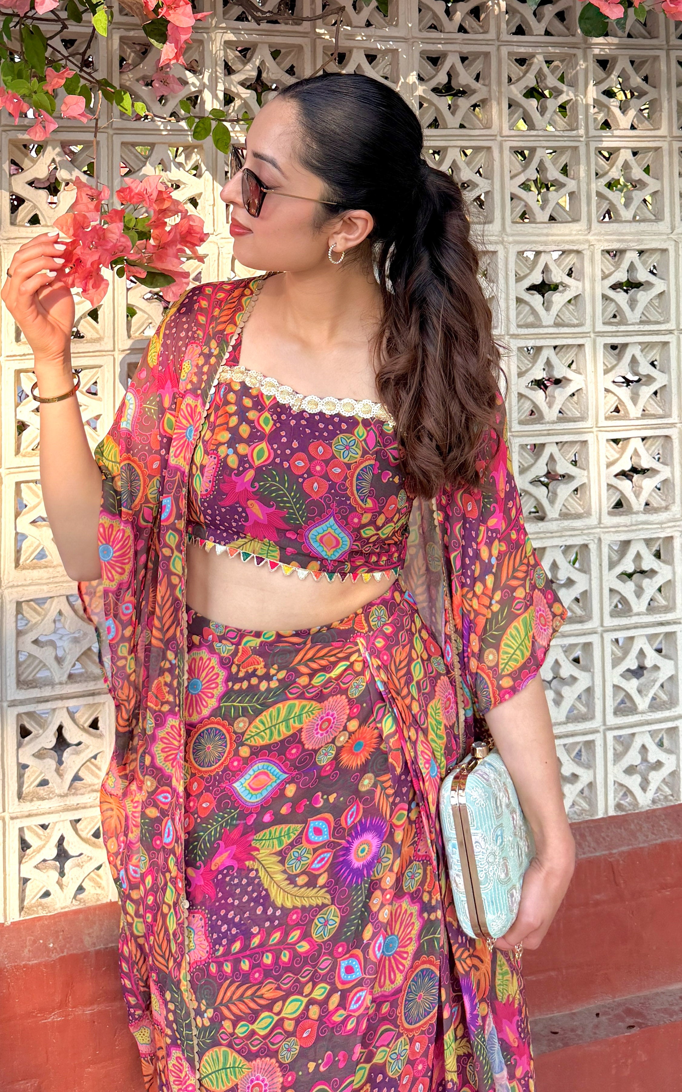 Purple Kitschy Crop Top Draped Skirt Co-ord Set