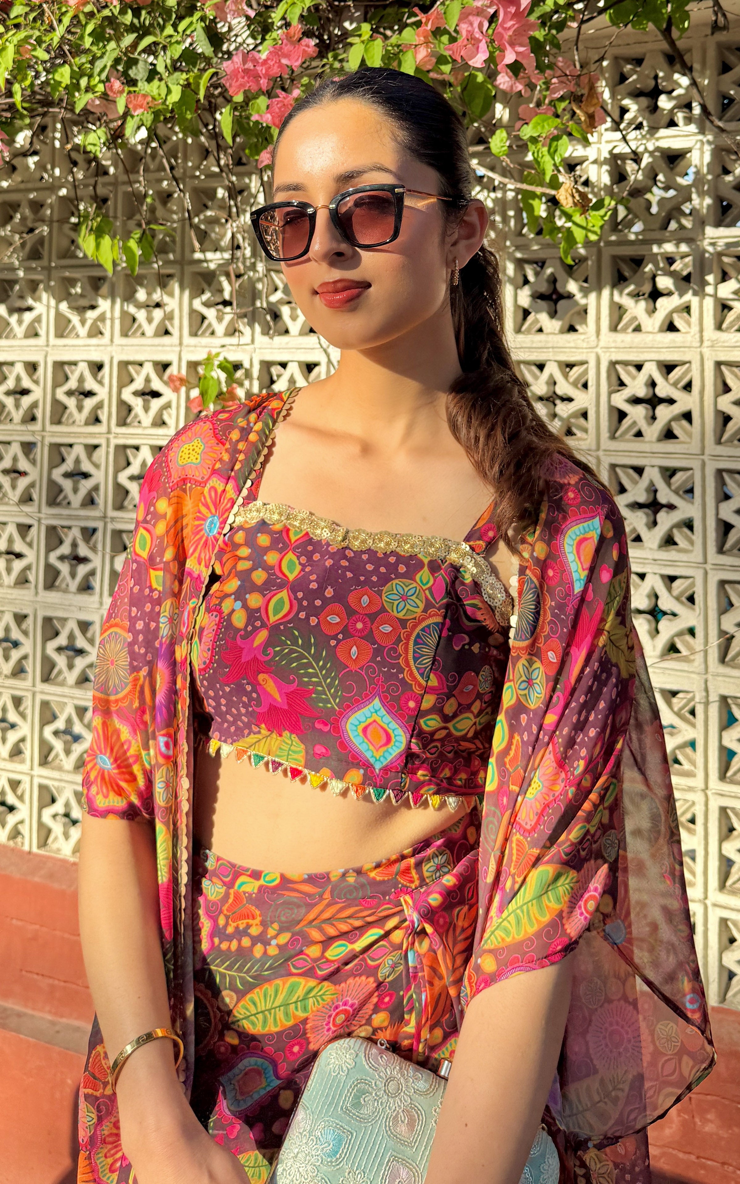 Purple Kitschy Crop Top Draped Skirt Co-ord Set