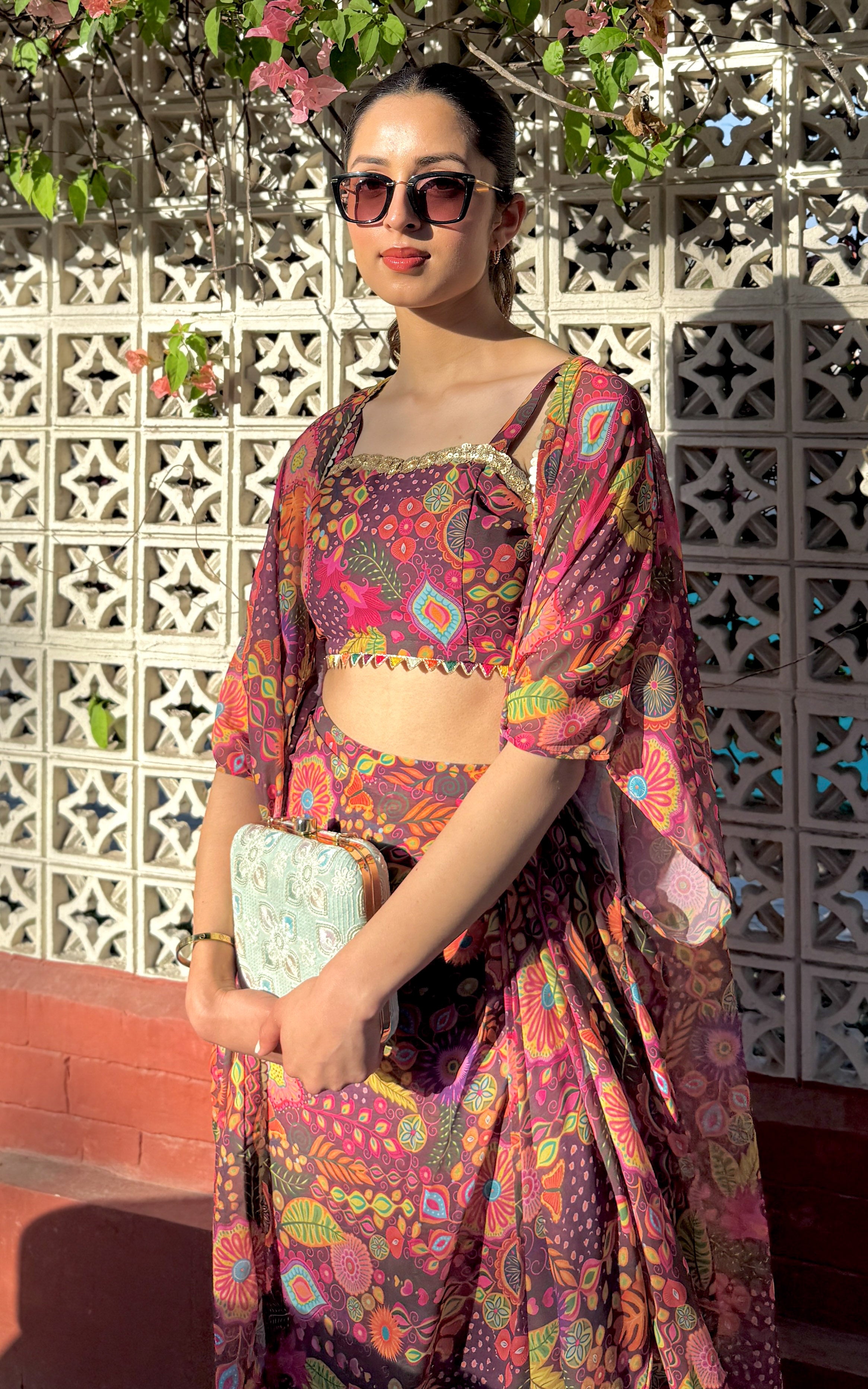 Purple Kitschy Crop Top Draped Skirt Co-ord Set