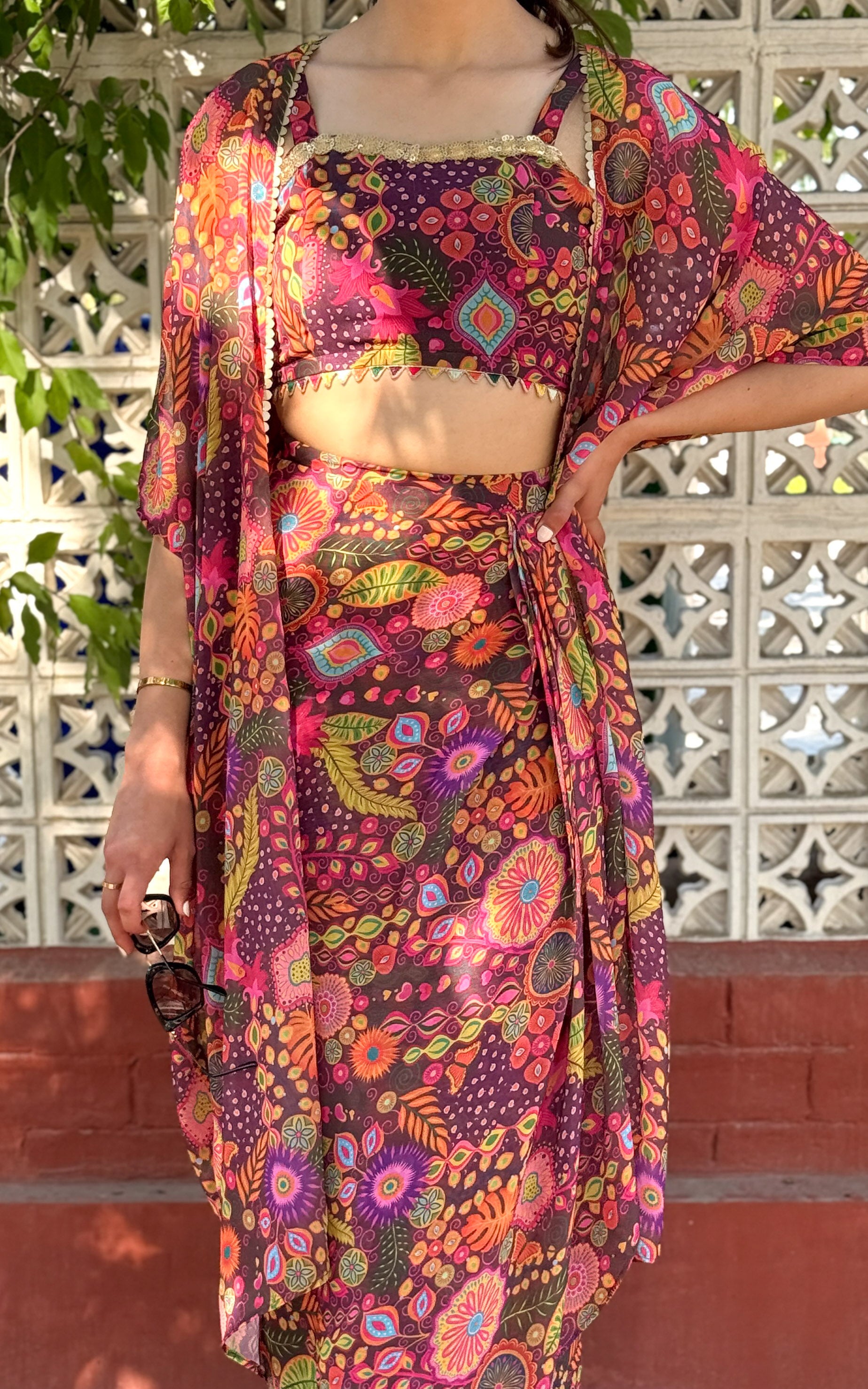 Purple Kitschy Crop Top Draped Skirt Co-ord Set