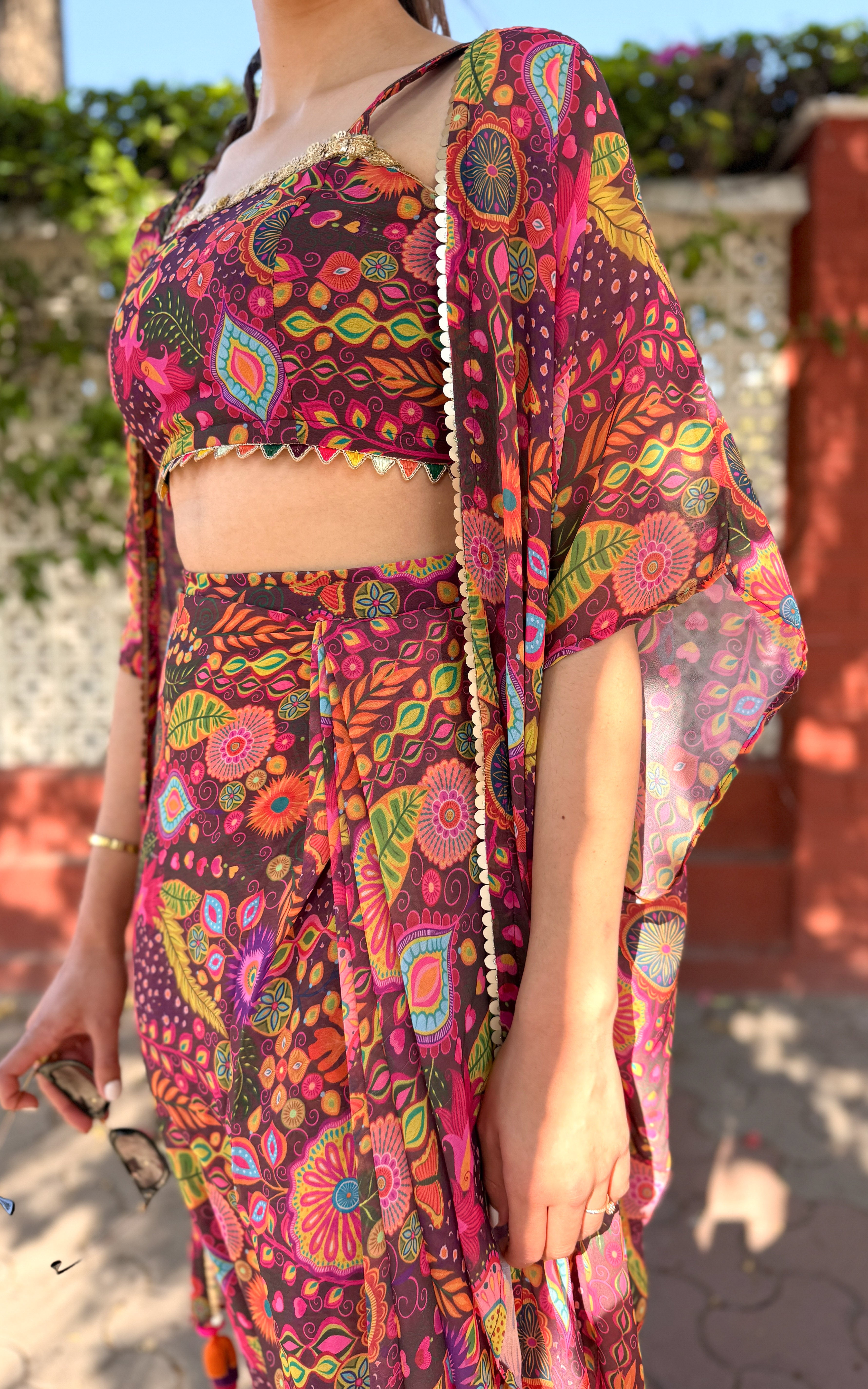Purple Kitschy Crop Top Draped Skirt Co-ord Set