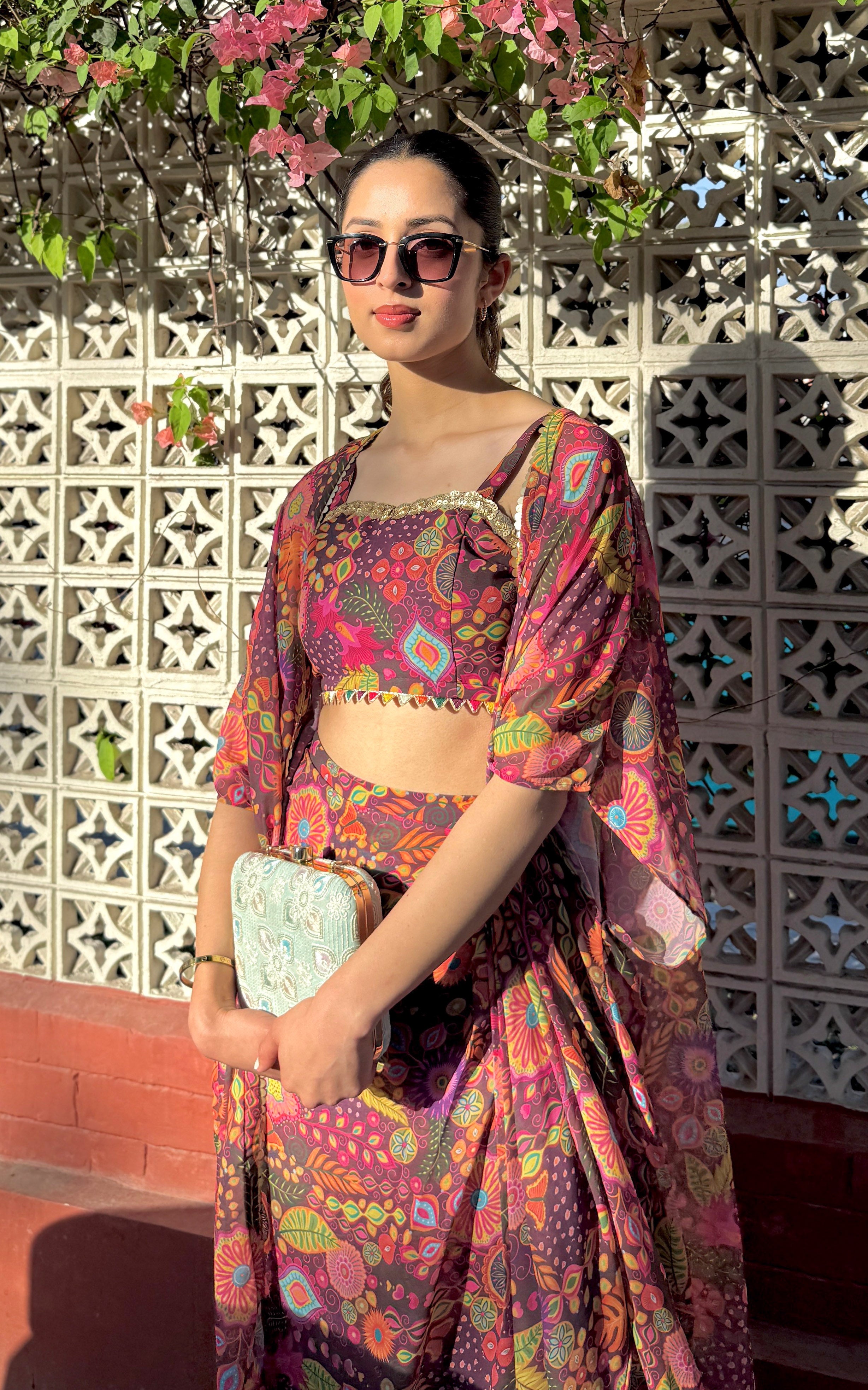 Purple Kitschy Crop Top Draped Skirt Co-ord Set