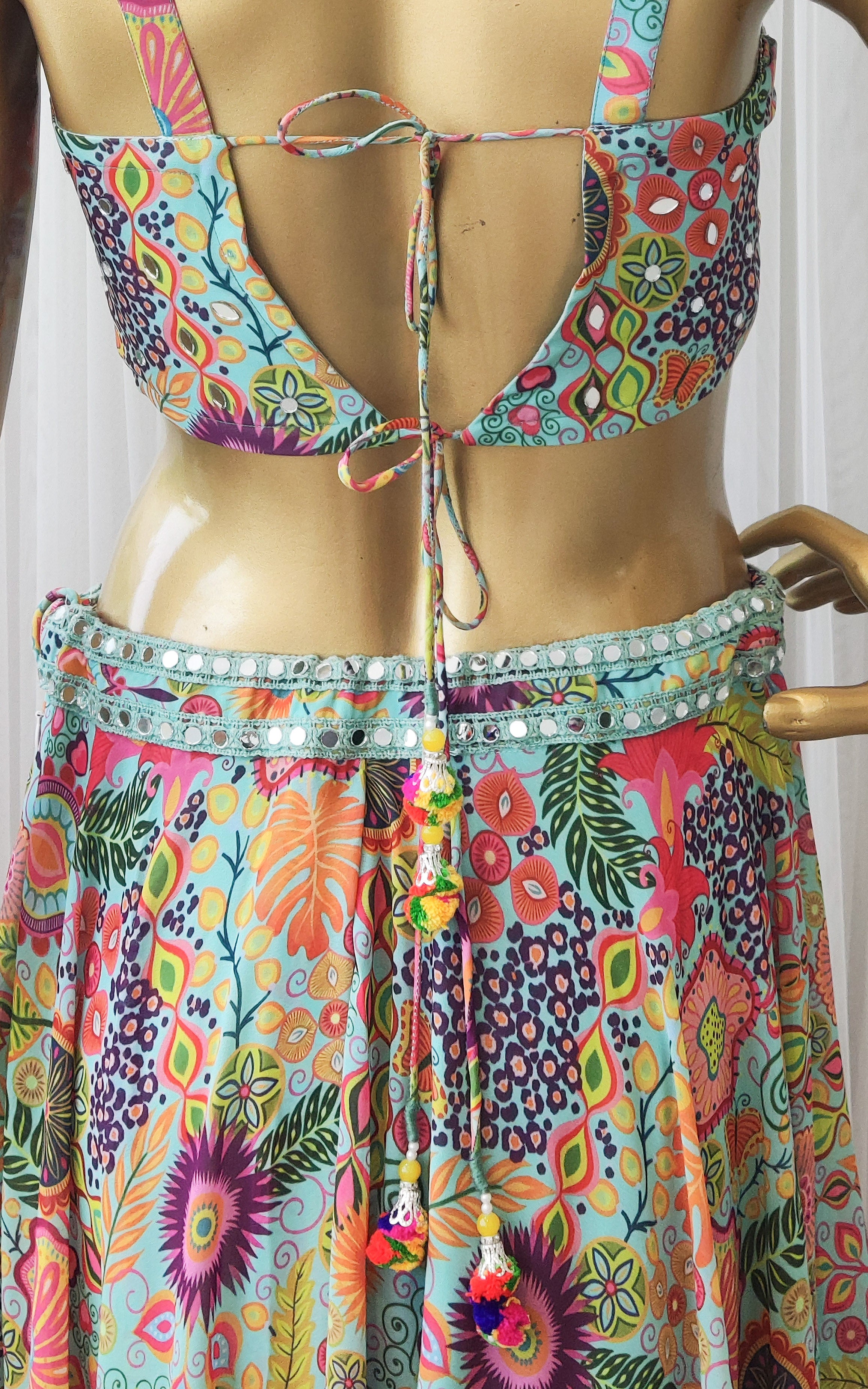 Sea Green Kitschy Print Mirrorwork Lehenga