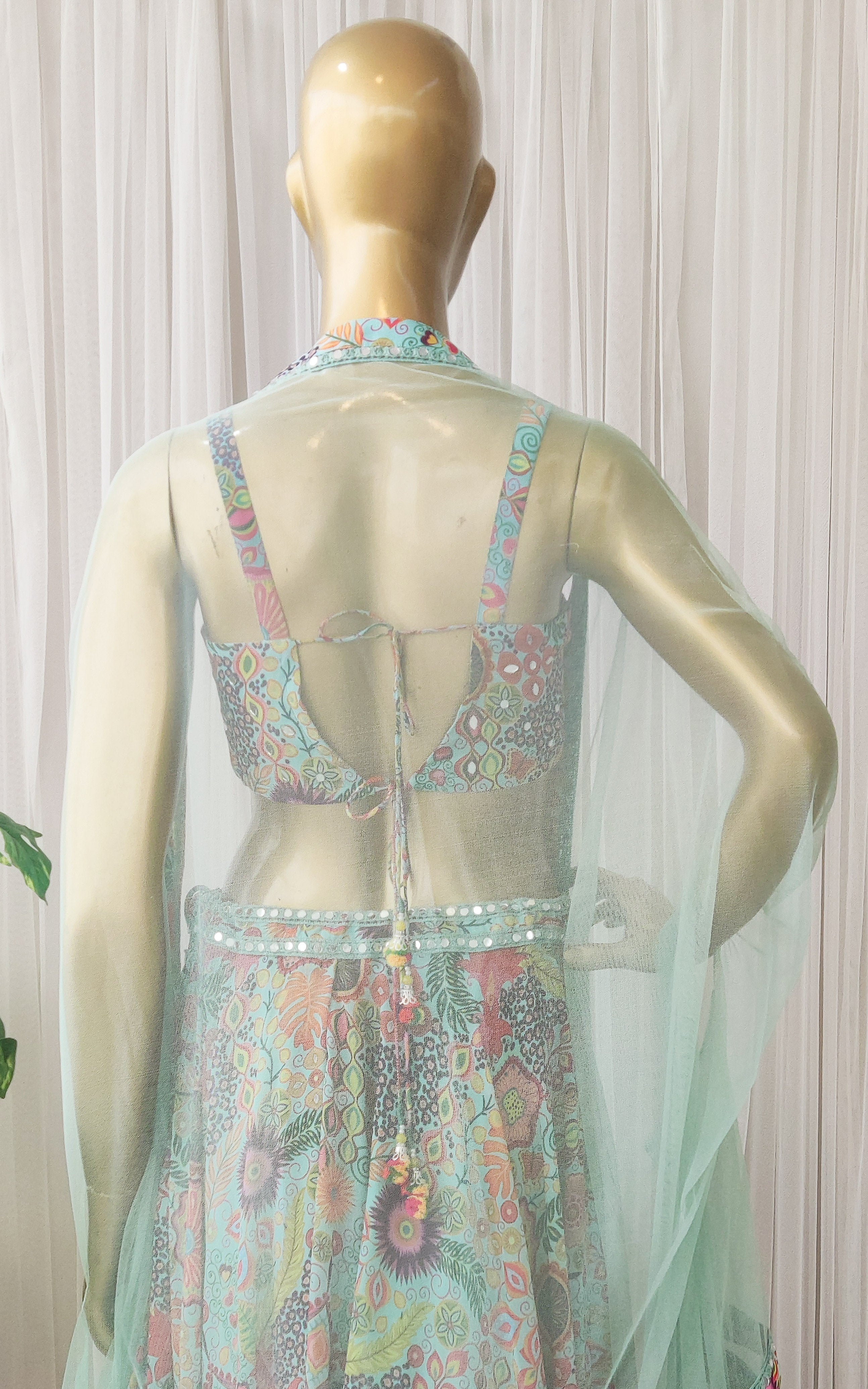 Sea Green Kitschy Print Mirrorwork Lehenga