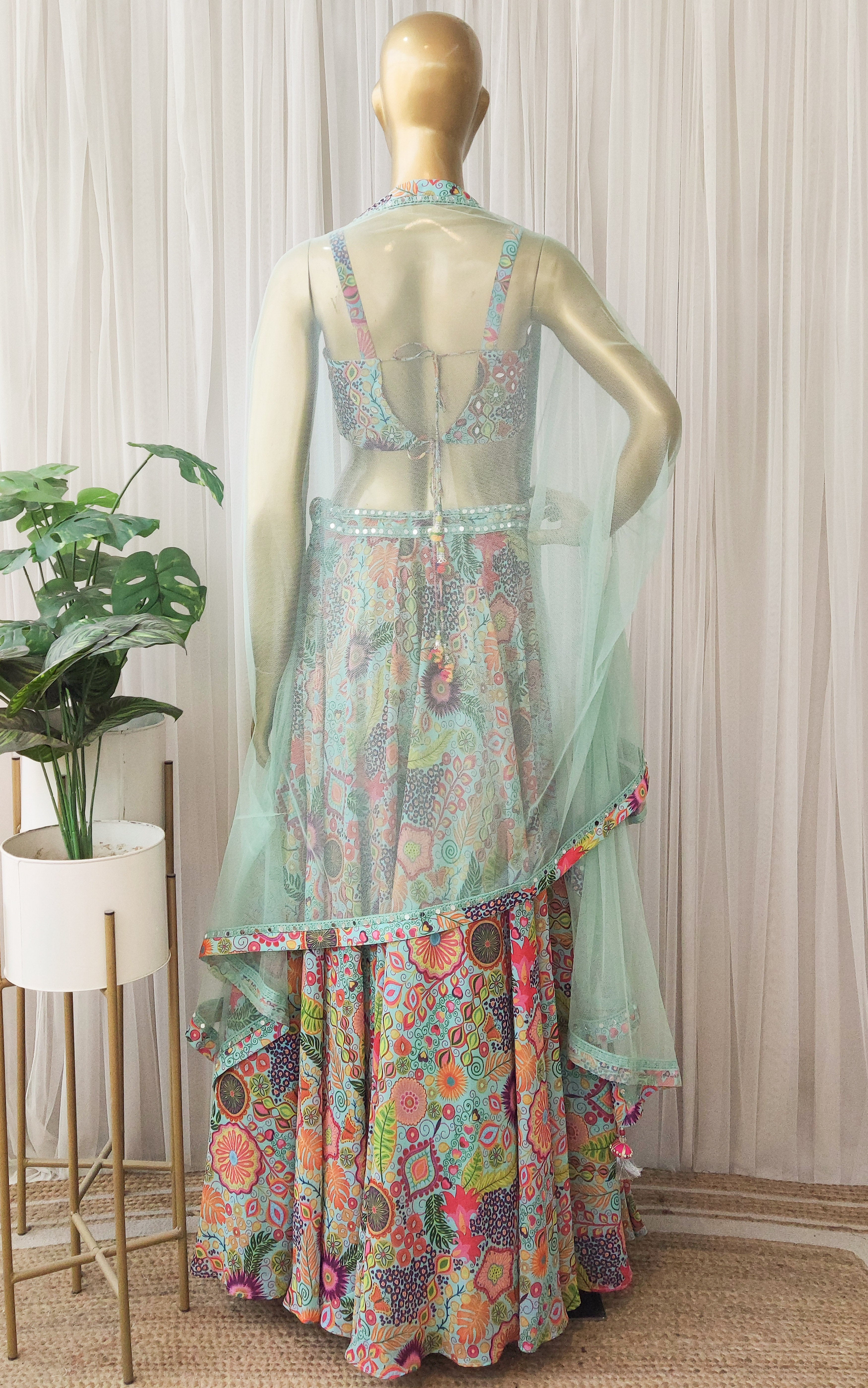 Sea Green Kitschy Print Mirrorwork Lehenga