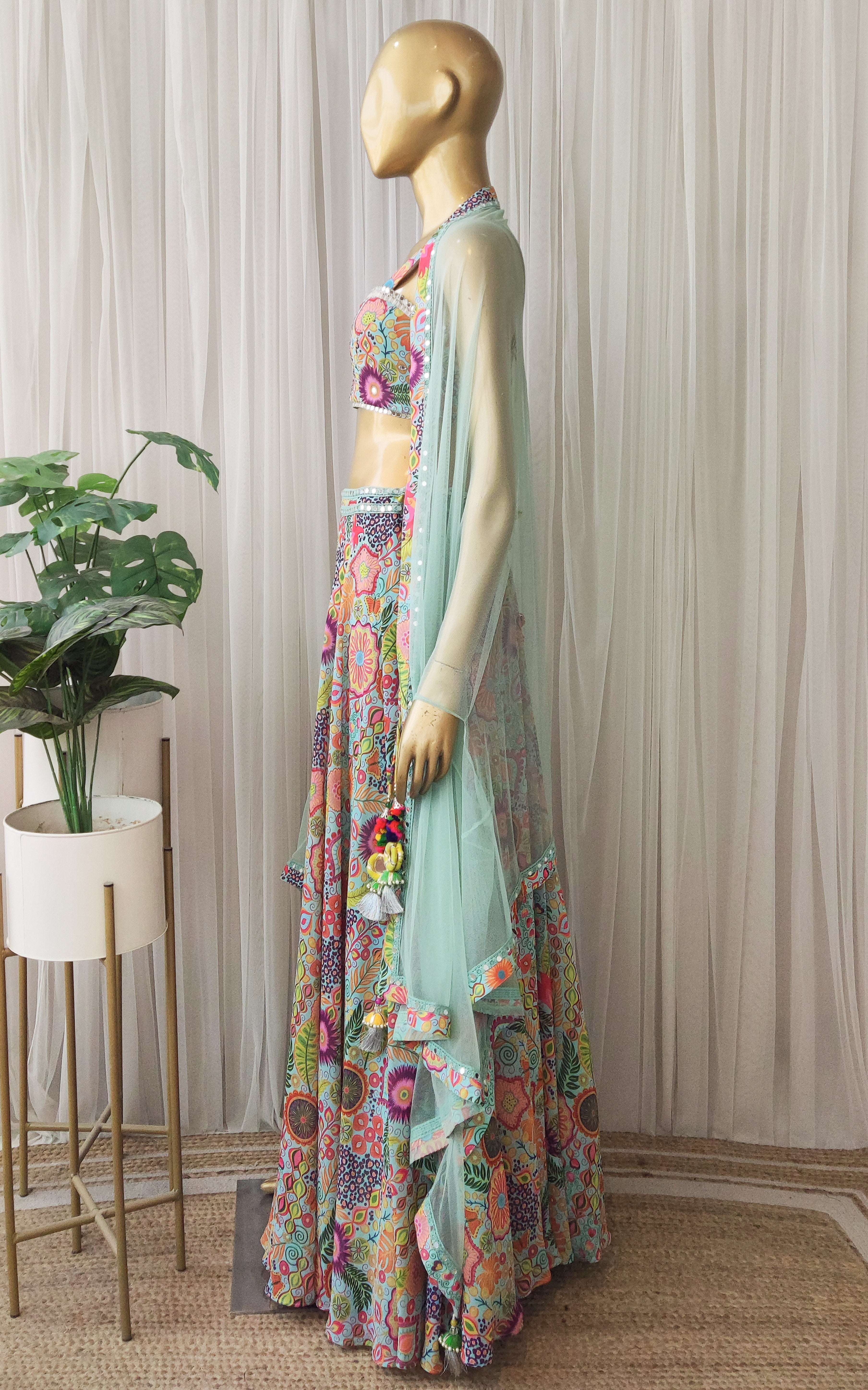Sea Green Kitschy Print Mirrorwork Lehenga