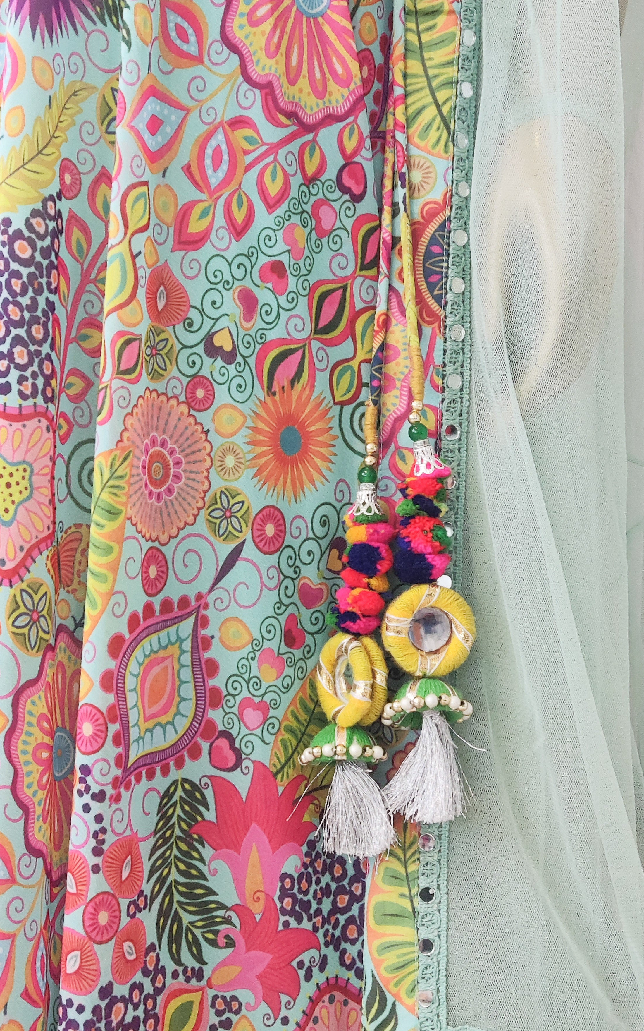 Sea Green Kitschy Print Mirrorwork Lehenga