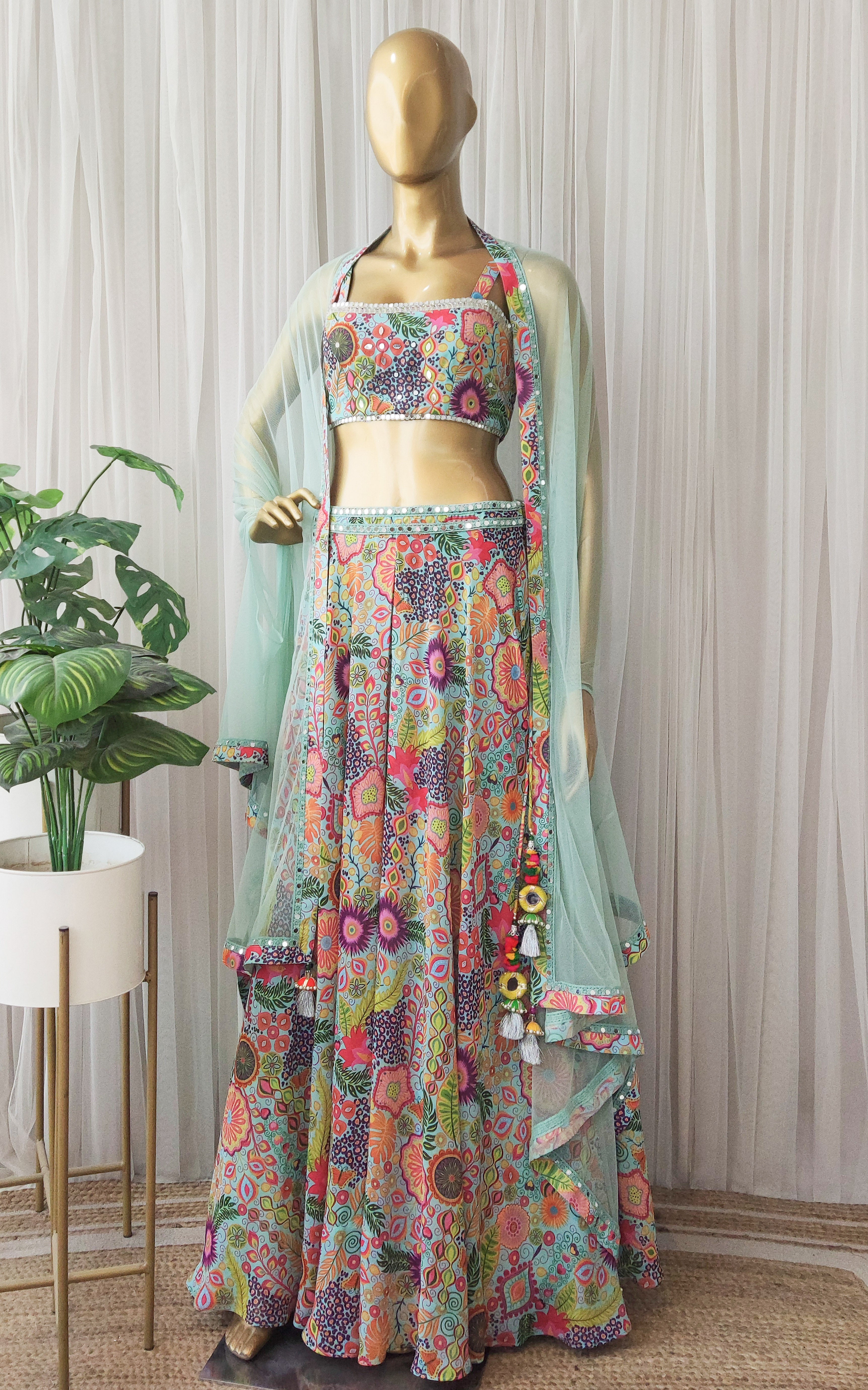 Sea Green Kitschy Print Mirrorwork Lehenga